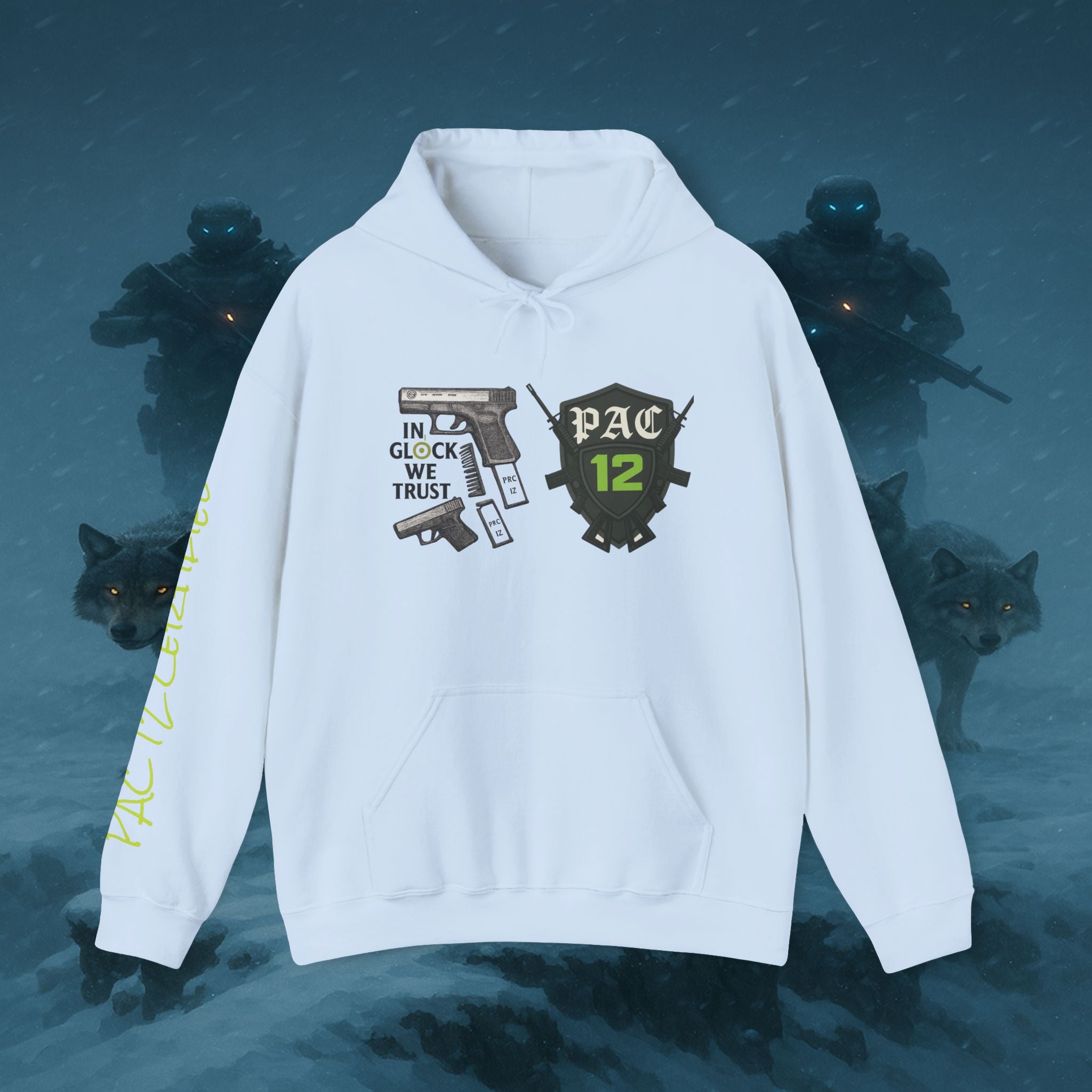 Pac 12 Hooded Sweatshirt with 'In Glock We Trust' Design
