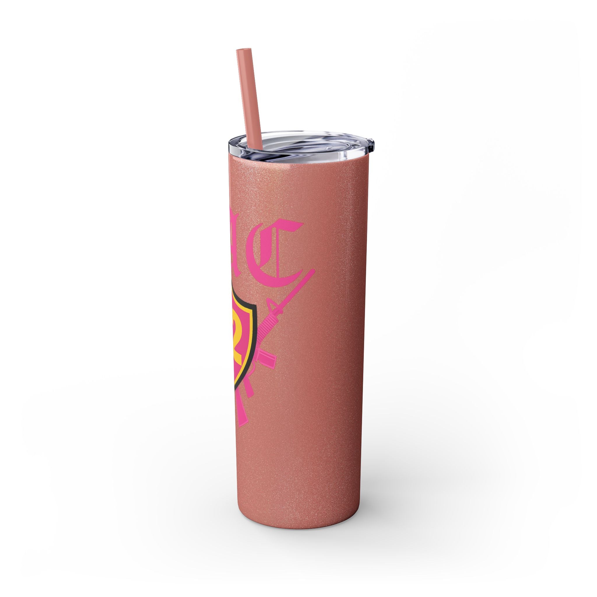 Custom Pink Shield Skinny Tumbler with Straw 20oz, Personalized Drinkware, Graduation Gift, College Student Mug, Sport Team Travel Cup