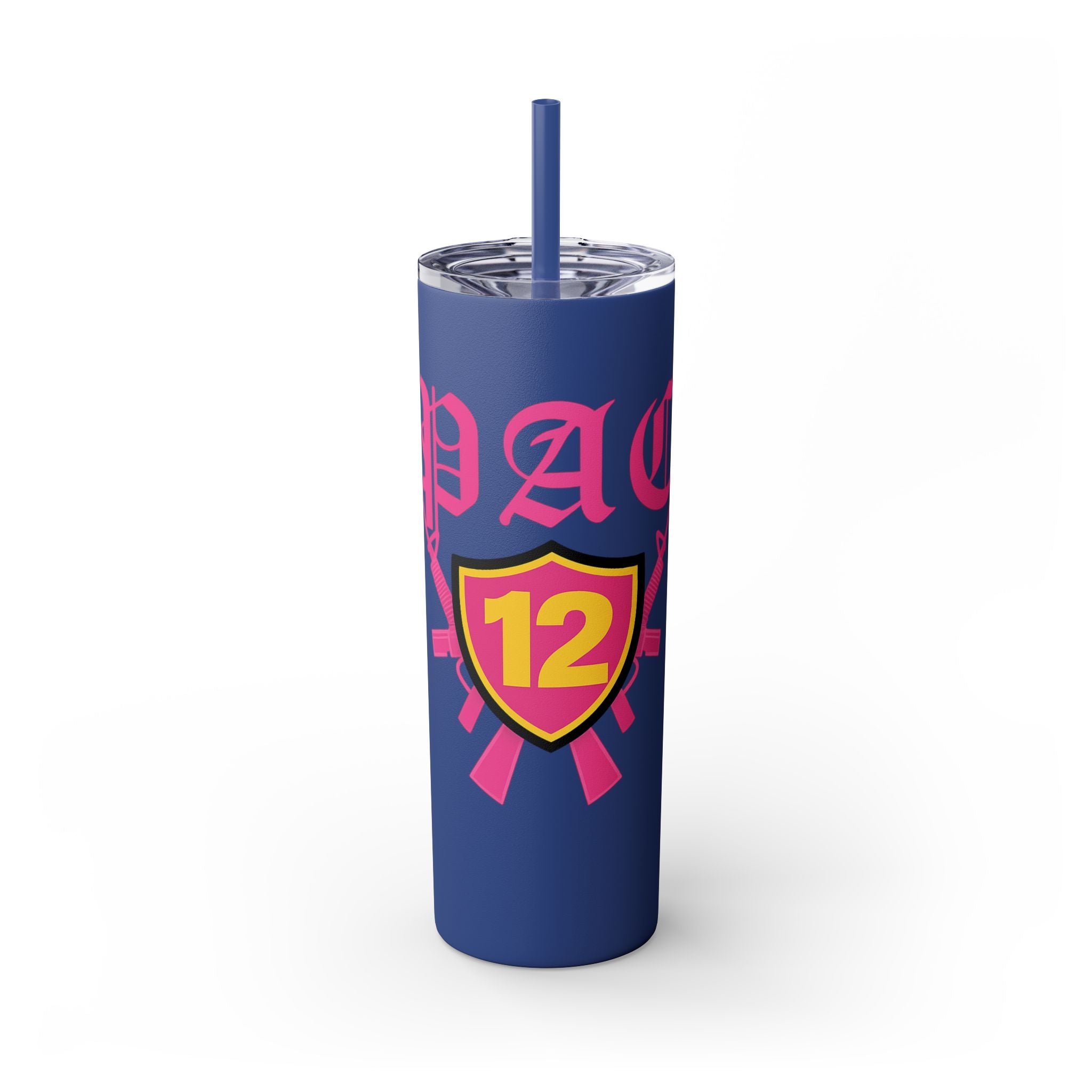 Custom Pink Shield Skinny Tumbler with Straw 20oz, Personalized Drinkware, Graduation Gift, College Student Mug, Sport Team Travel Cup