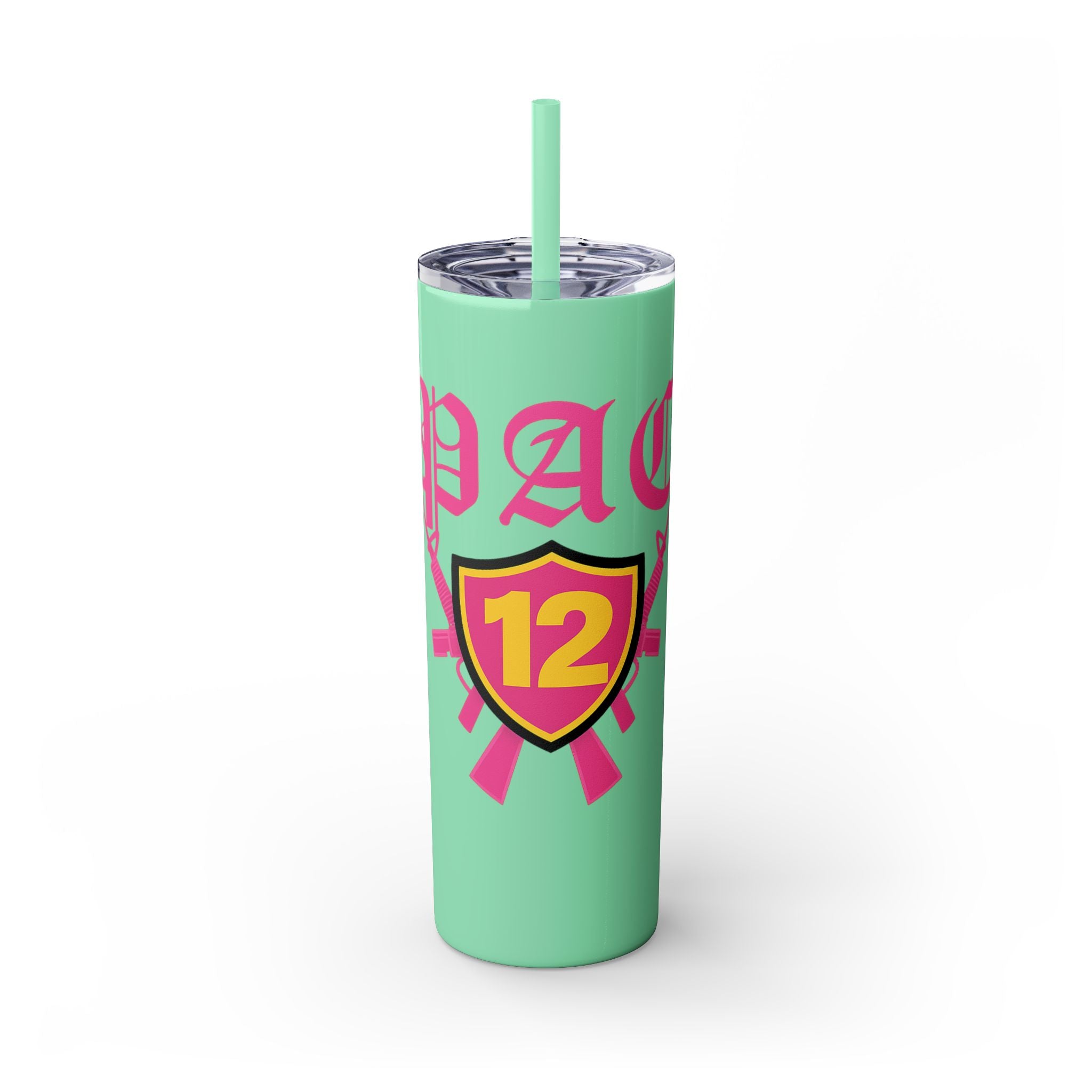 Custom Pink Shield Skinny Tumbler with Straw 20oz, Personalized Drinkware, Graduation Gift, College Student Mug, Sport Team Travel Cup