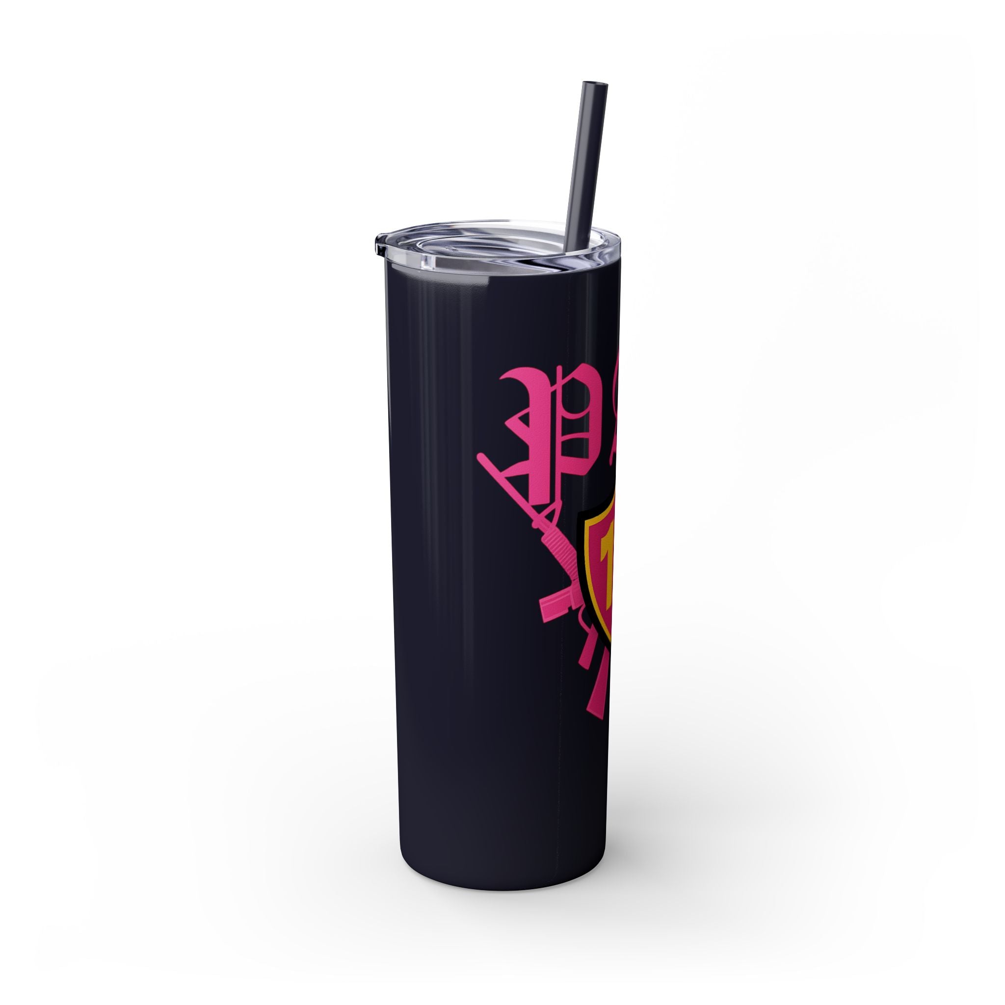 Custom Pink Shield Skinny Tumbler with Straw 20oz, Personalized Drinkware, Graduation Gift, College Student Mug, Sport Team Travel Cup