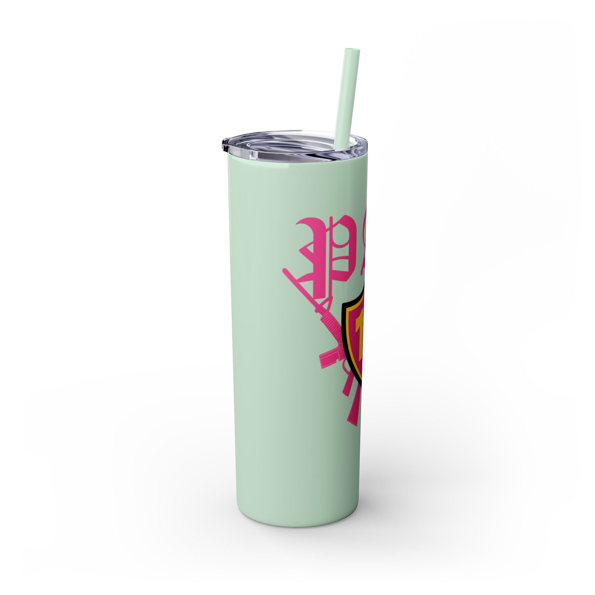 Custom Pink Shield Skinny Tumbler with Straw 20oz, Personalized Drinkware, Graduation Gift, College Student Mug, Sport Team Travel Cup