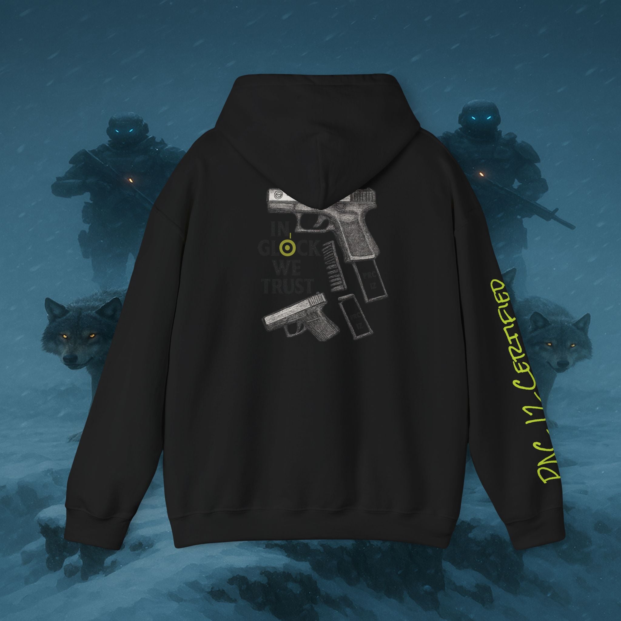 Pac 12 Hooded Sweatshirt with 'In Glock We Trust' Design