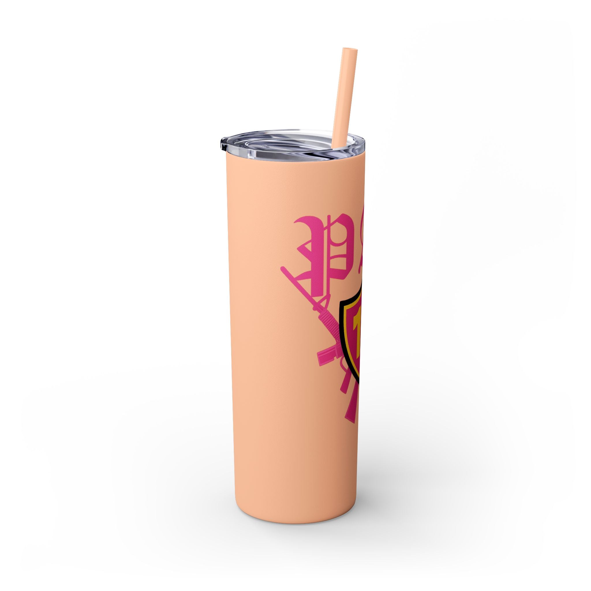 Custom Pink Shield Skinny Tumbler with Straw 20oz, Personalized Drinkware, Graduation Gift, College Student Mug, Sport Team Travel Cup