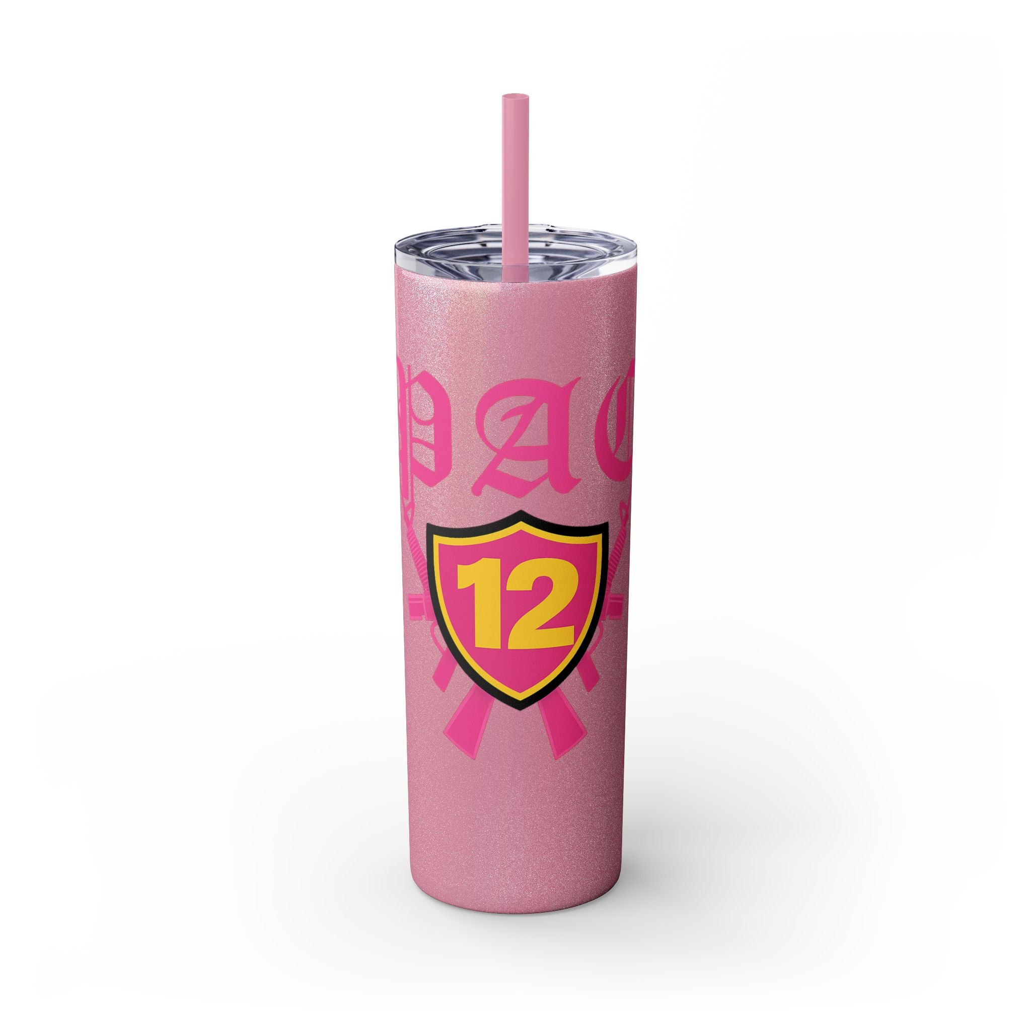 Custom Pink Shield Skinny Tumbler with Straw 20oz, Personalized Drinkware, Graduation Gift, College Student Mug, Sport Team Travel Cup