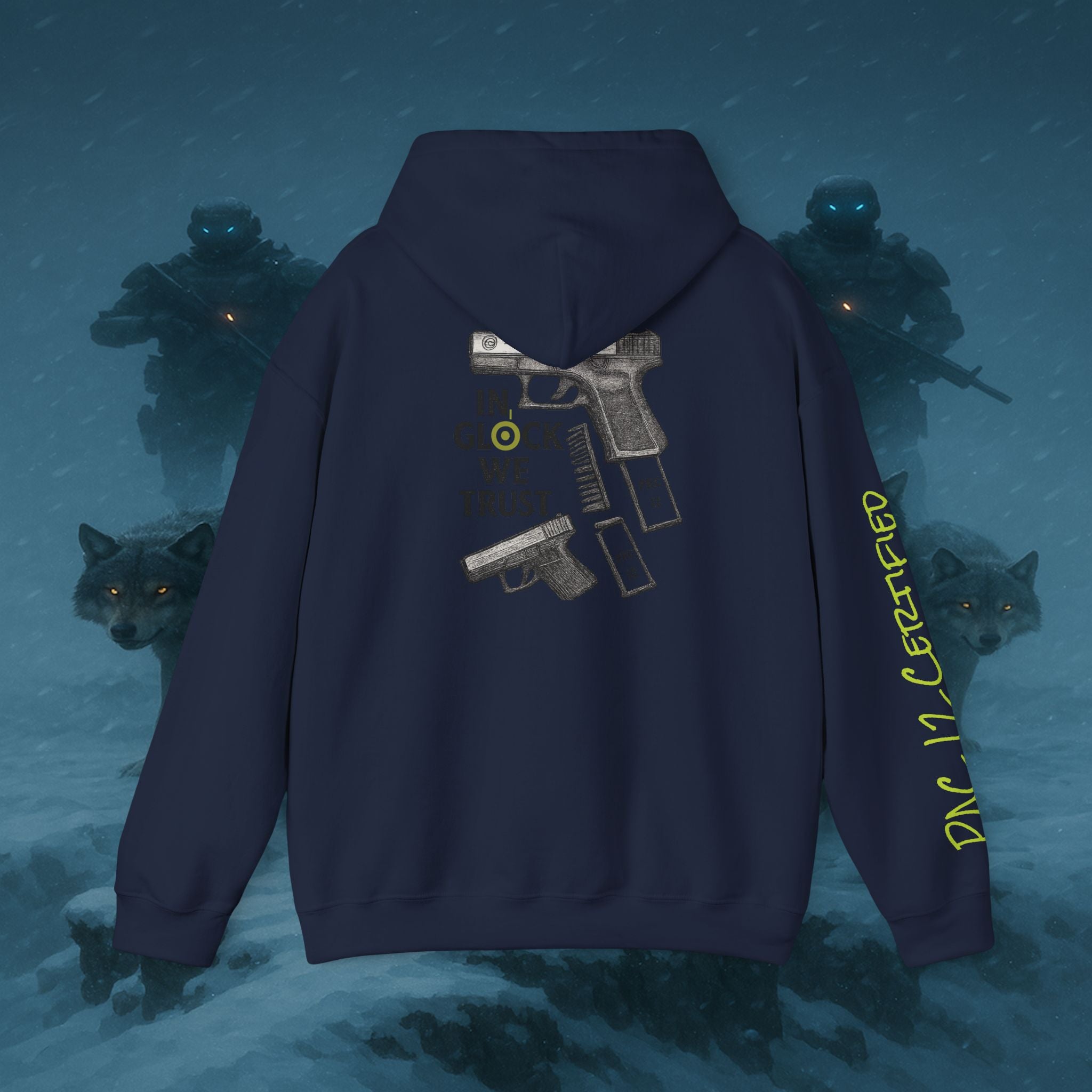Pac 12 Hooded Sweatshirt with 'In Glock We Trust' Design