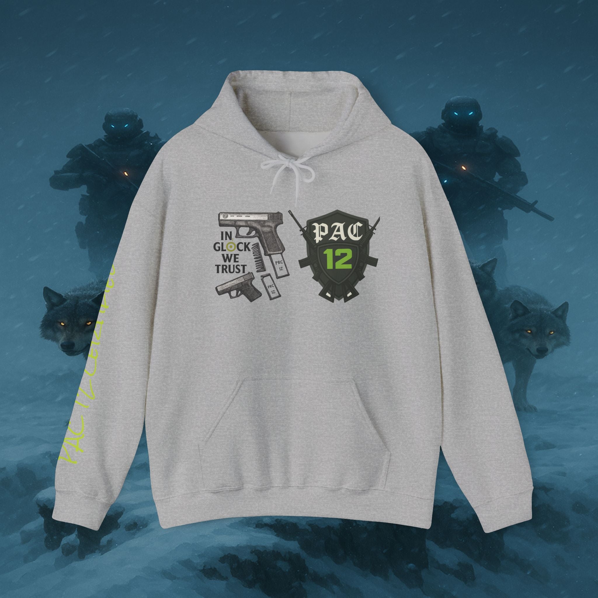 Pac 12 Hooded Sweatshirt with 'In Glock We Trust' Design
