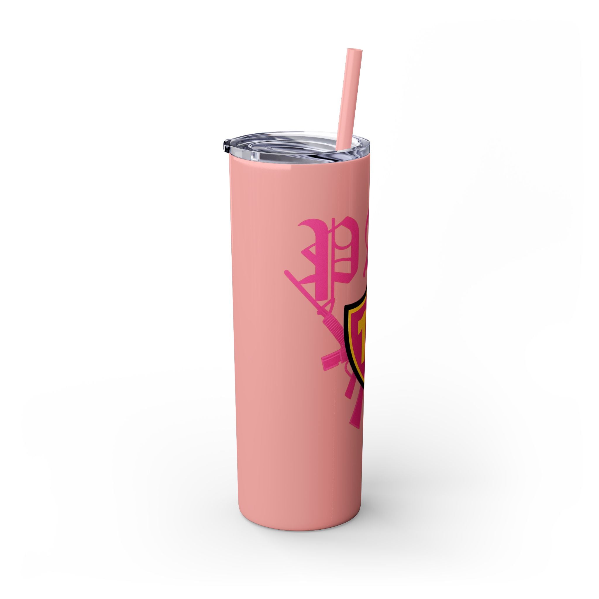 Custom Pink Shield Skinny Tumbler with Straw 20oz, Personalized Drinkware, Graduation Gift, College Student Mug, Sport Team Travel Cup