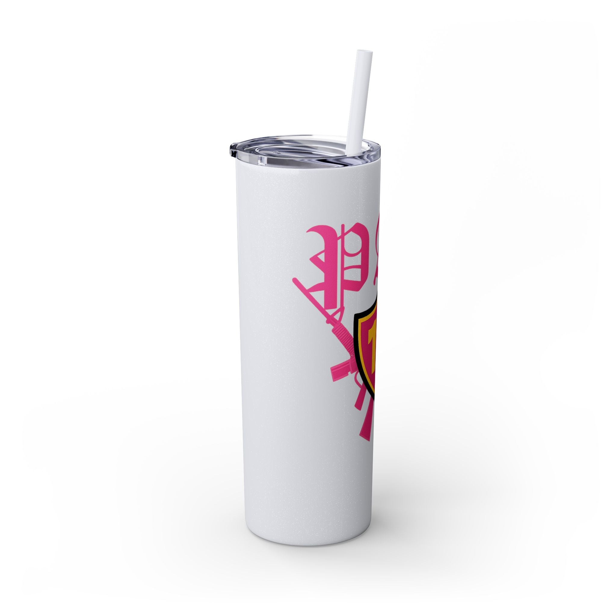 Custom Pink Shield Skinny Tumbler with Straw 20oz, Personalized Drinkware, Graduation Gift, College Student Mug, Sport Team Travel Cup