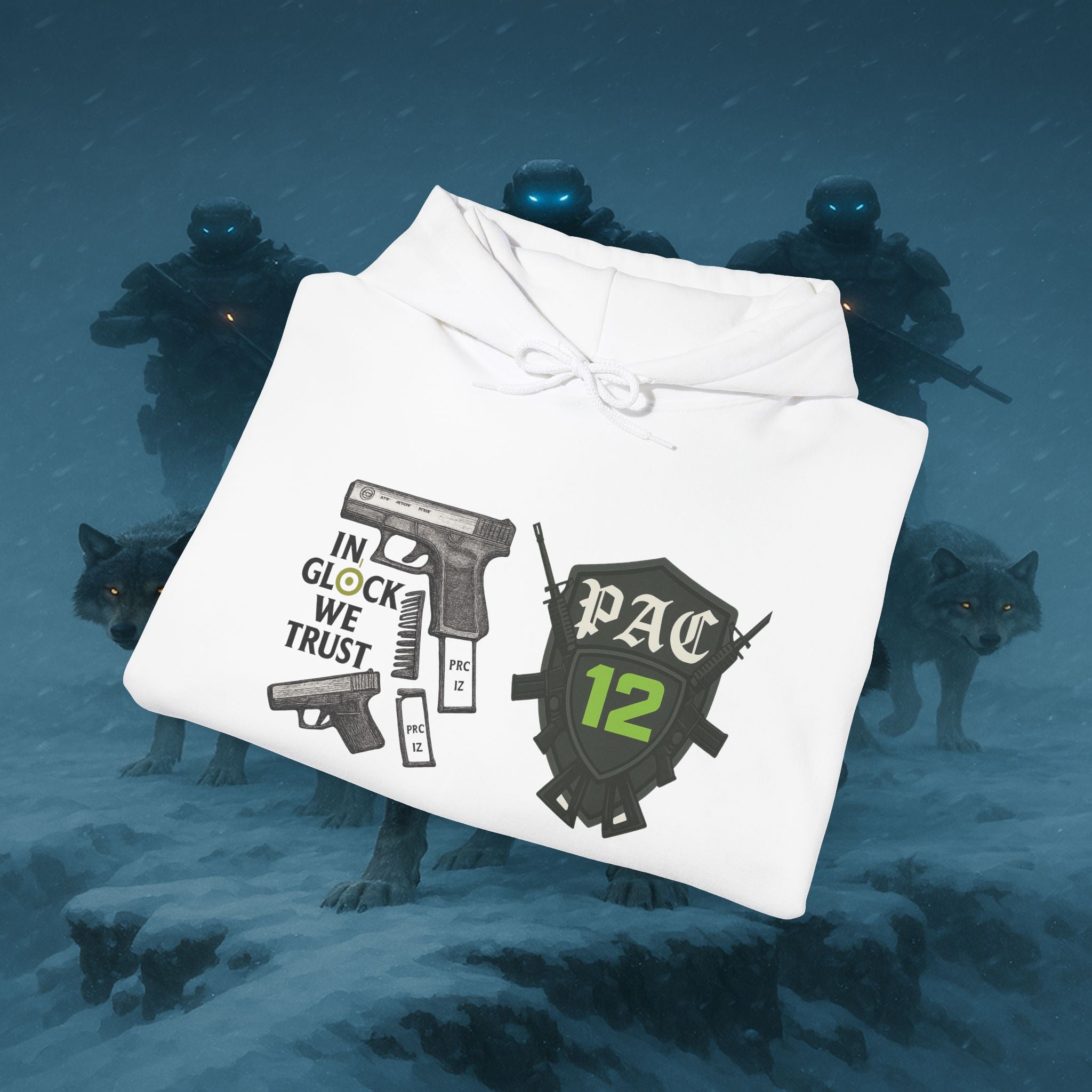 Pac 12 Hooded Sweatshirt with 'In Glock We Trust' Design