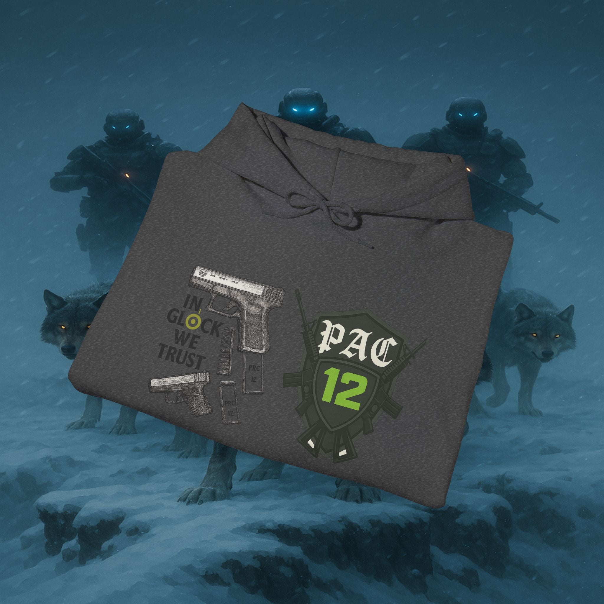 Pac 12 Hooded Sweatshirt with 'In Glock We Trust' Design