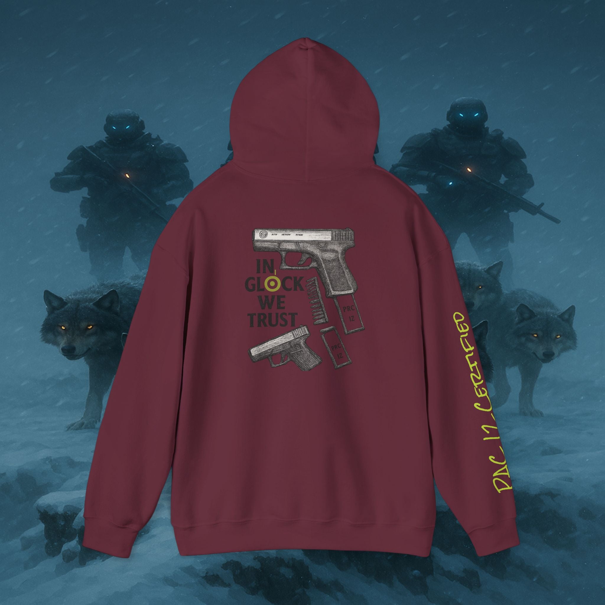 Pac 12 Hooded Sweatshirt with 'In Glock We Trust' Design