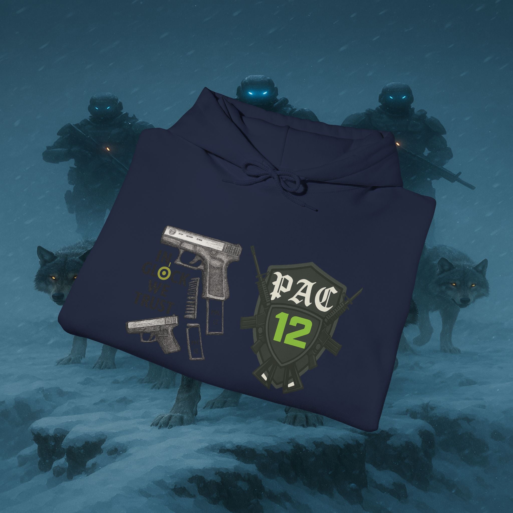 Pac 12 Hooded Sweatshirt with 'In Glock We Trust' Design