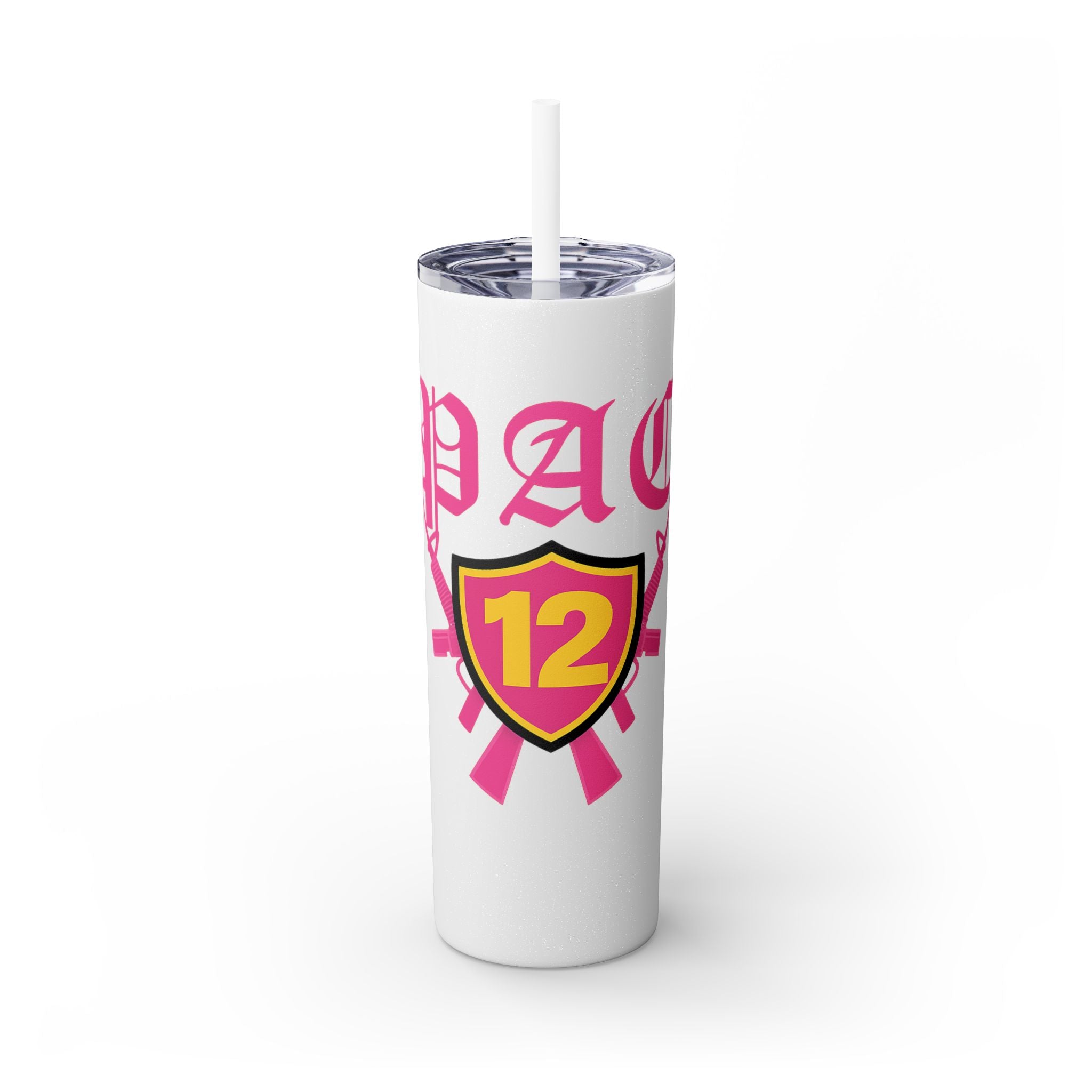 Custom Pink Shield Skinny Tumbler with Straw 20oz, Personalized Drinkware, Graduation Gift, College Student Mug, Sport Team Travel Cup