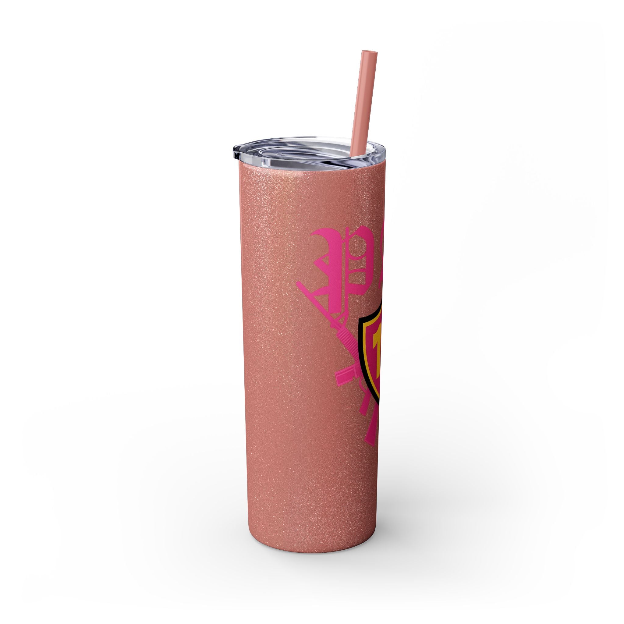 Custom Pink Shield Skinny Tumbler with Straw 20oz, Personalized Drinkware, Graduation Gift, College Student Mug, Sport Team Travel Cup