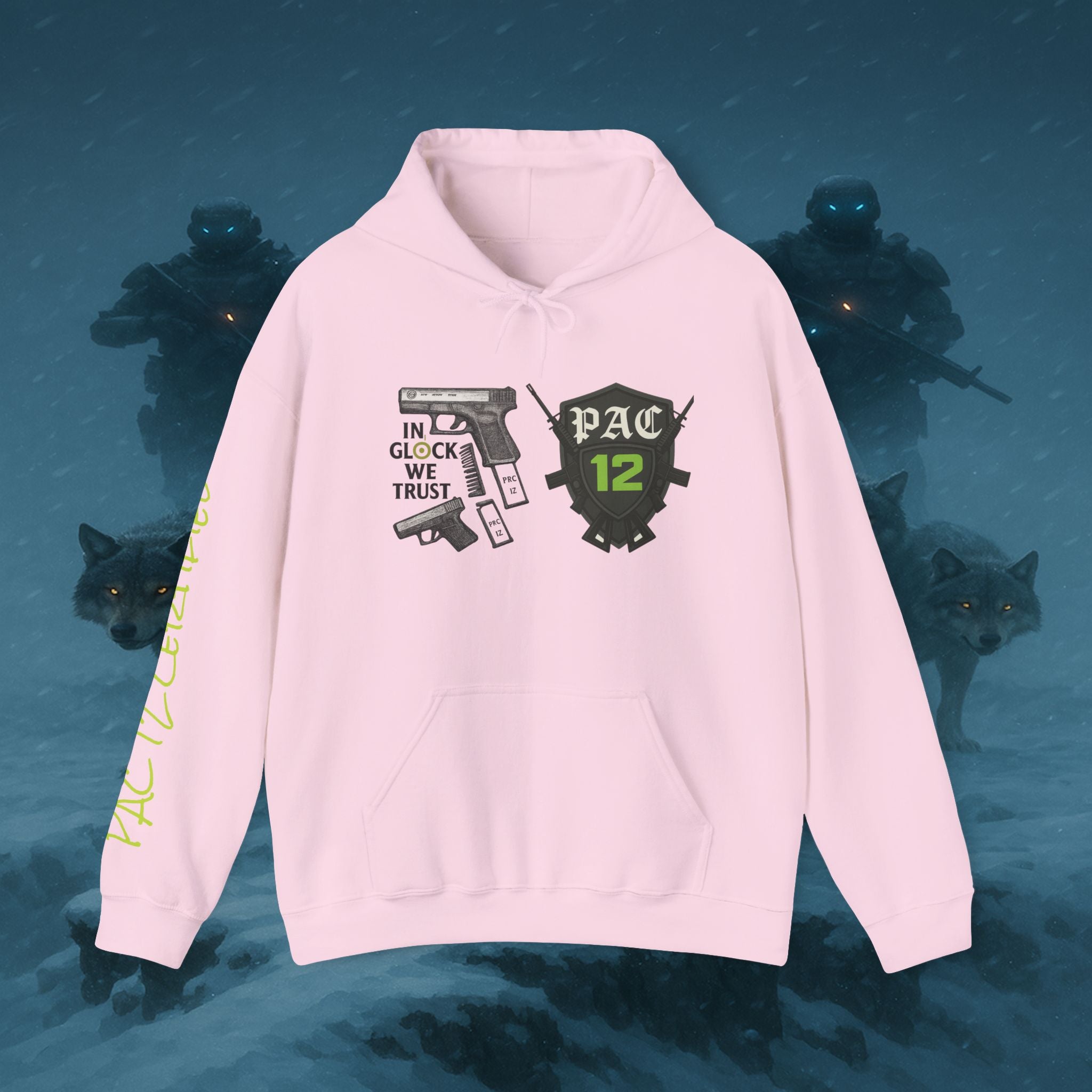 Pac 12 Hooded Sweatshirt with 'In Glock We Trust' Design