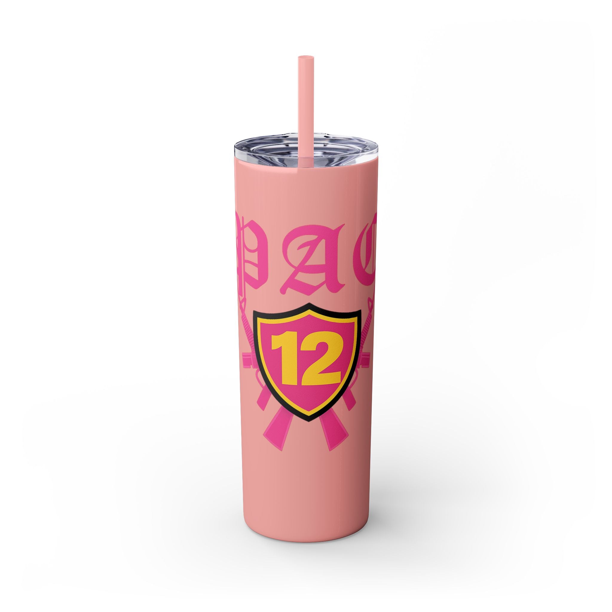 Custom Pink Shield Skinny Tumbler with Straw 20oz, Personalized Drinkware, Graduation Gift, College Student Mug, Sport Team Travel Cup