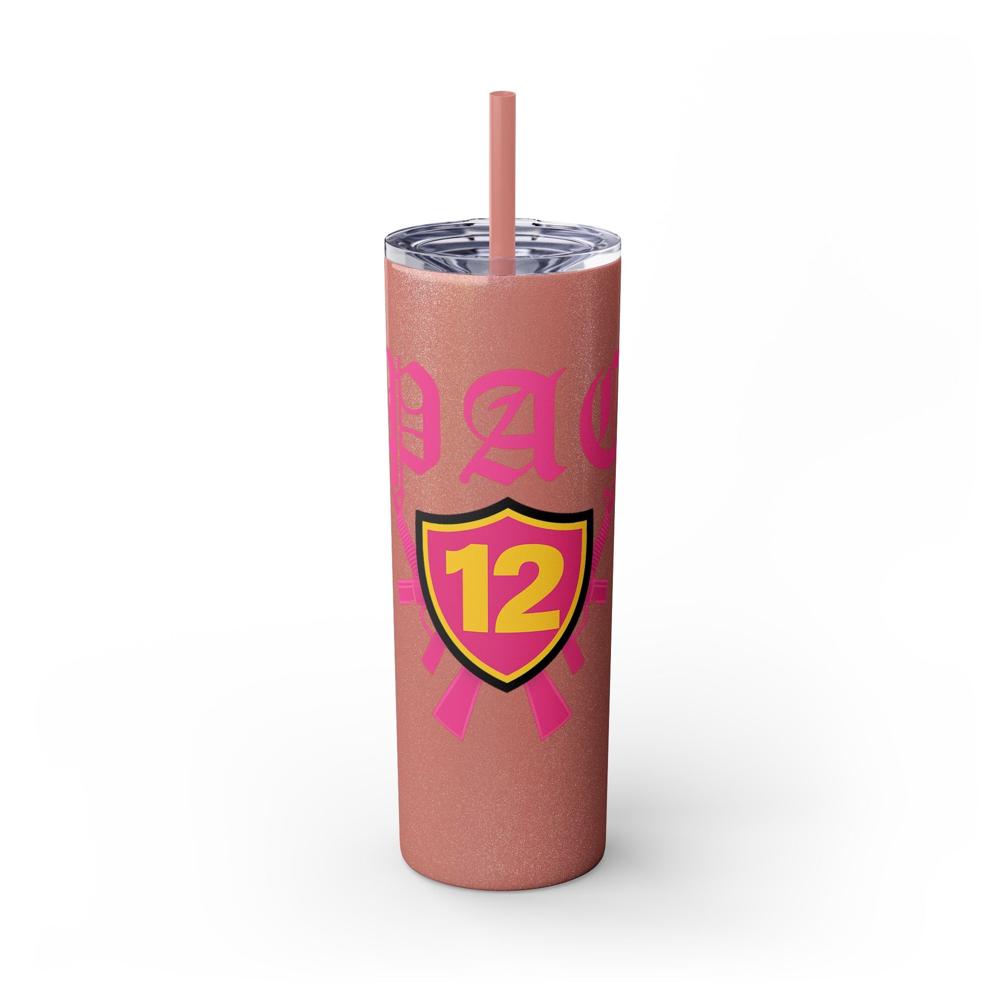 Custom Pink Shield Skinny Tumbler with Straw 20oz, Personalized Drinkware, Graduation Gift, College Student Mug, Sport Team Travel Cup