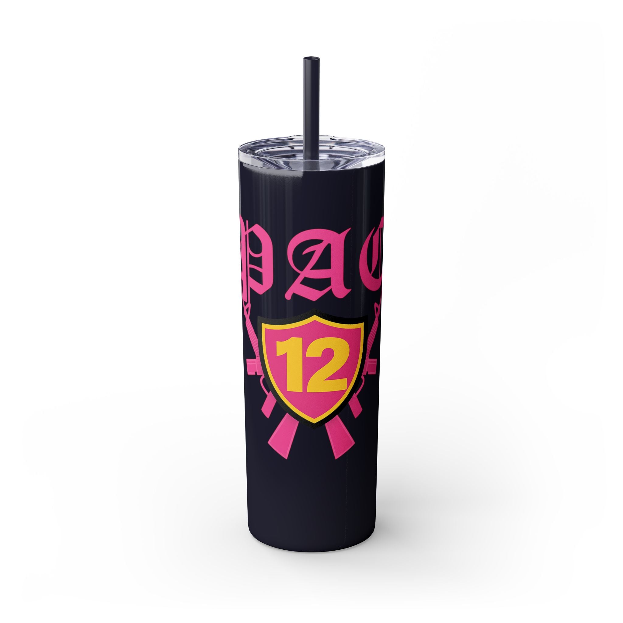 Custom Pink Shield Skinny Tumbler with Straw 20oz, Personalized Drinkware, Graduation Gift, College Student Mug, Sport Team Travel Cup