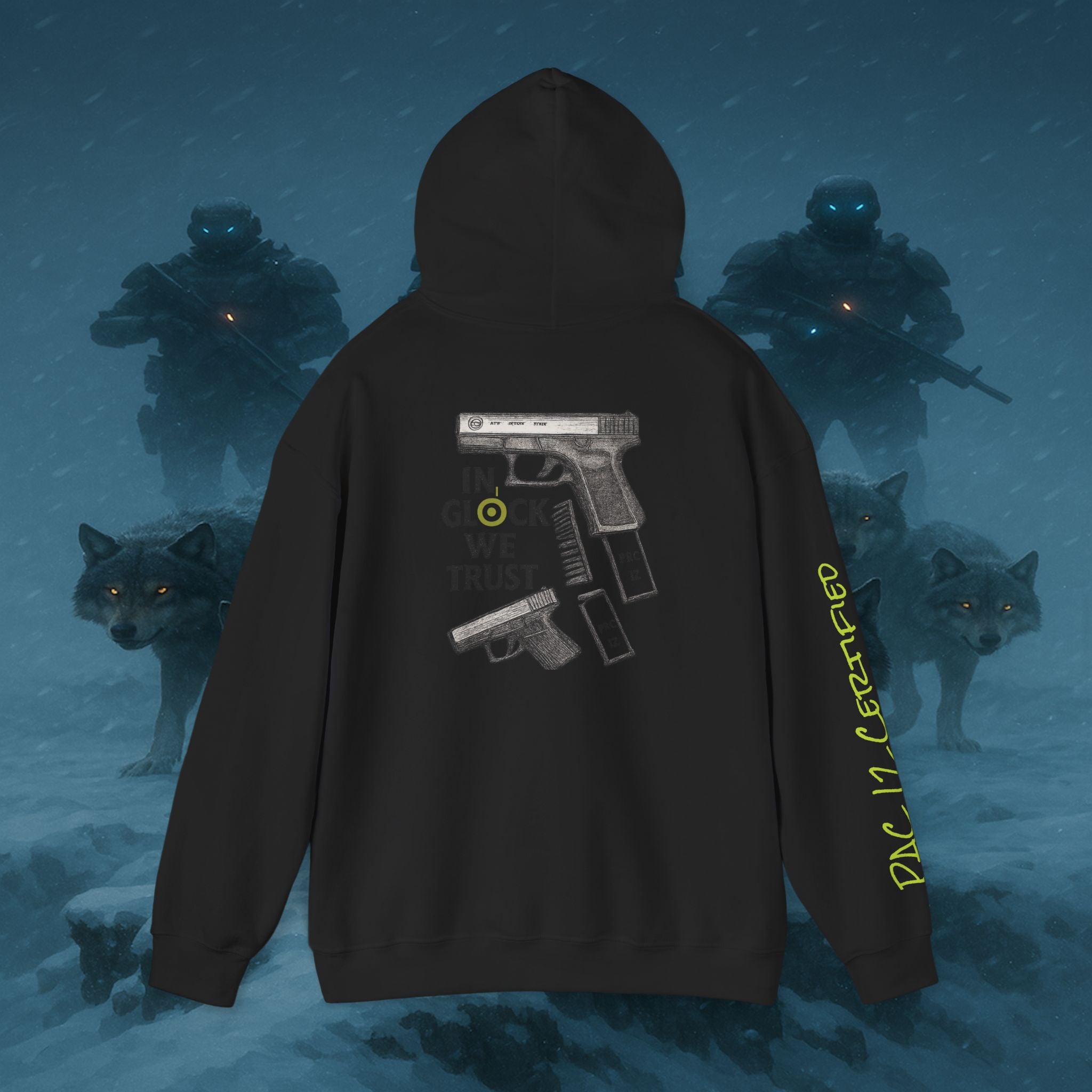 Pac 12 Hooded Sweatshirt with 'In Glock We Trust' Design