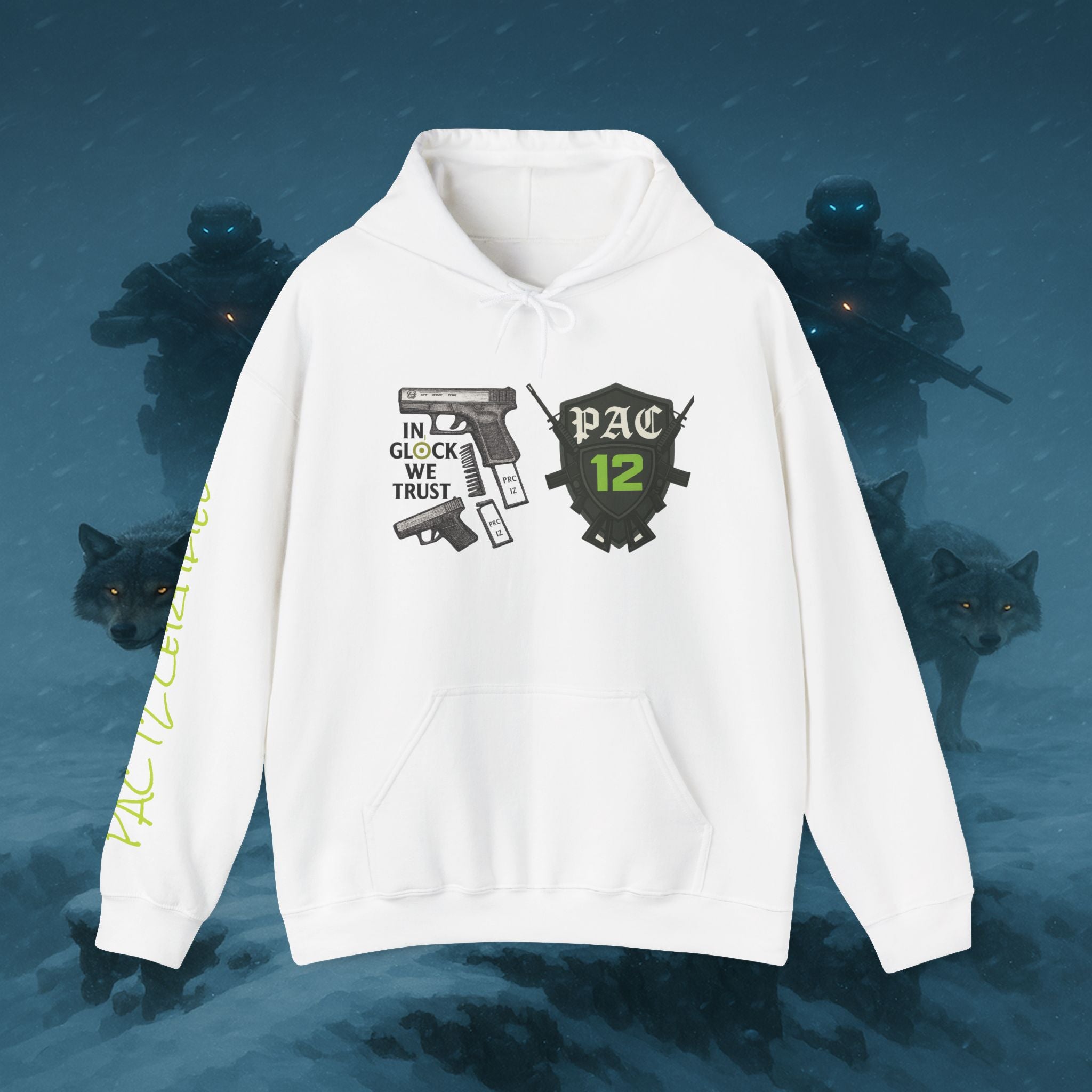 Pac 12 Hooded Sweatshirt with 'In Glock We Trust' Design