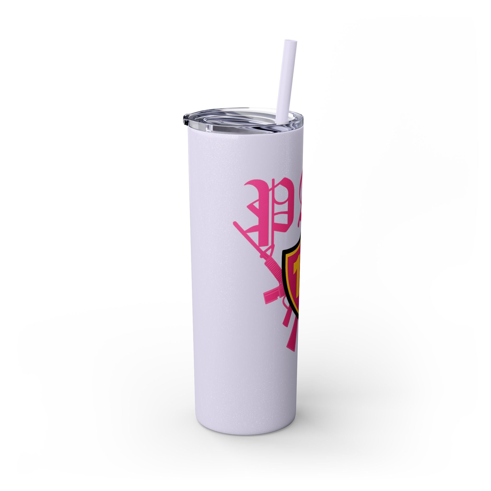 Custom Pink Shield Skinny Tumbler with Straw 20oz, Personalized Drinkware, Graduation Gift, College Student Mug, Sport Team Travel Cup