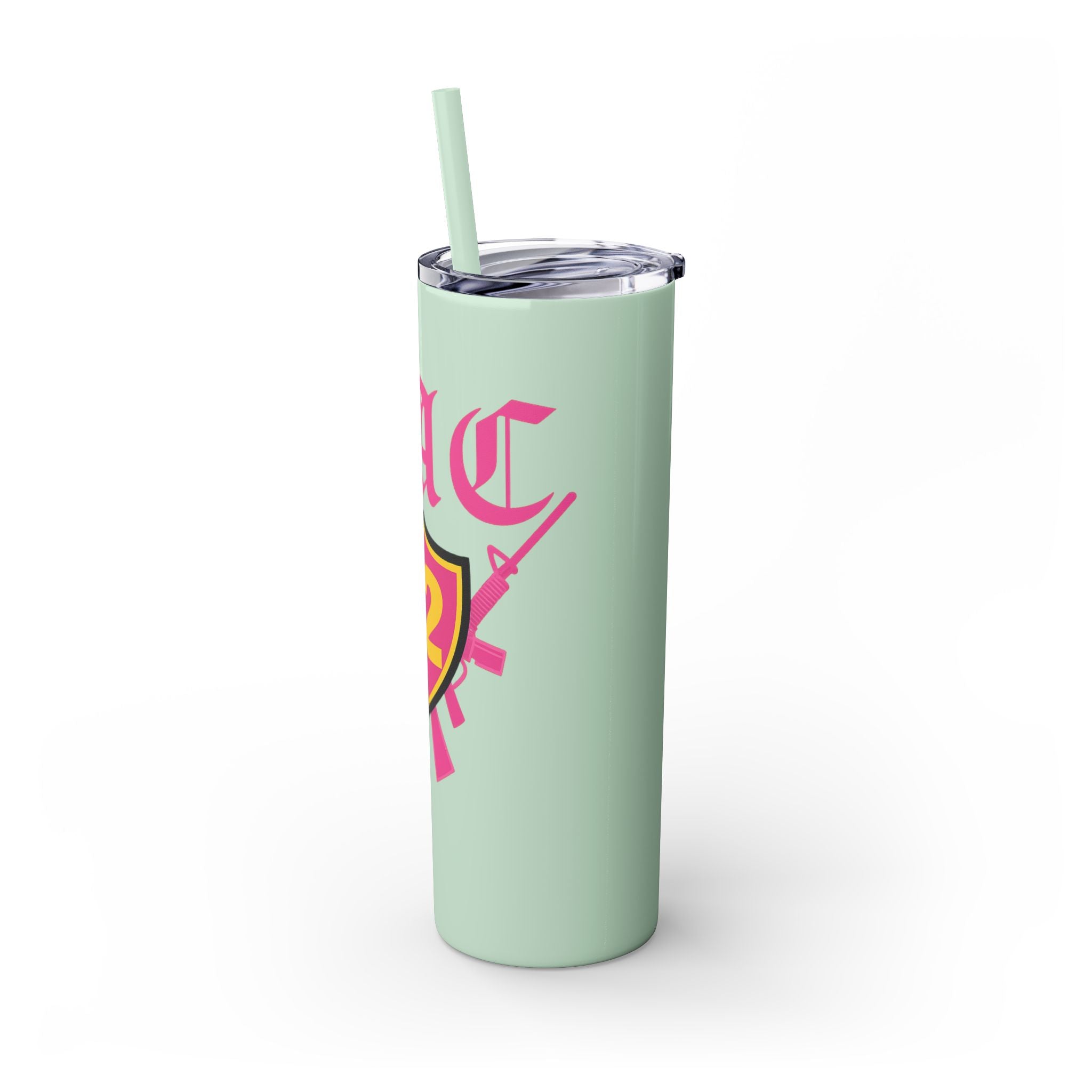 Custom Pink Shield Skinny Tumbler with Straw 20oz, Personalized Drinkware, Graduation Gift, College Student Mug, Sport Team Travel Cup