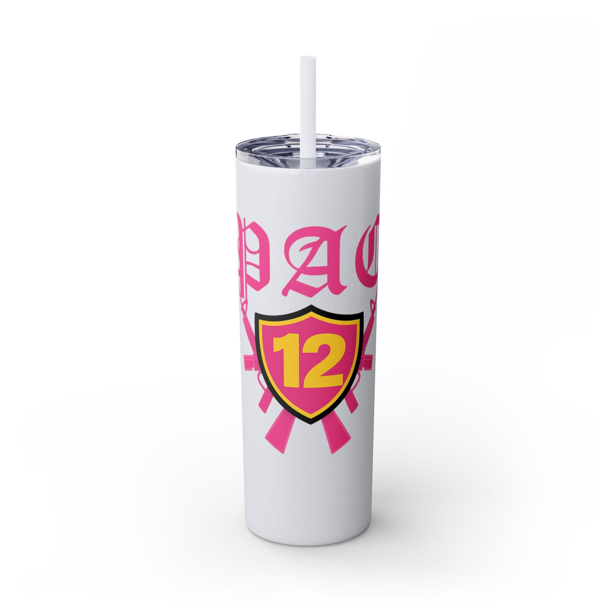 Custom Pink Shield Skinny Tumbler with Straw 20oz, Personalized Drinkware, Graduation Gift, College Student Mug, Sport Team Travel Cup
