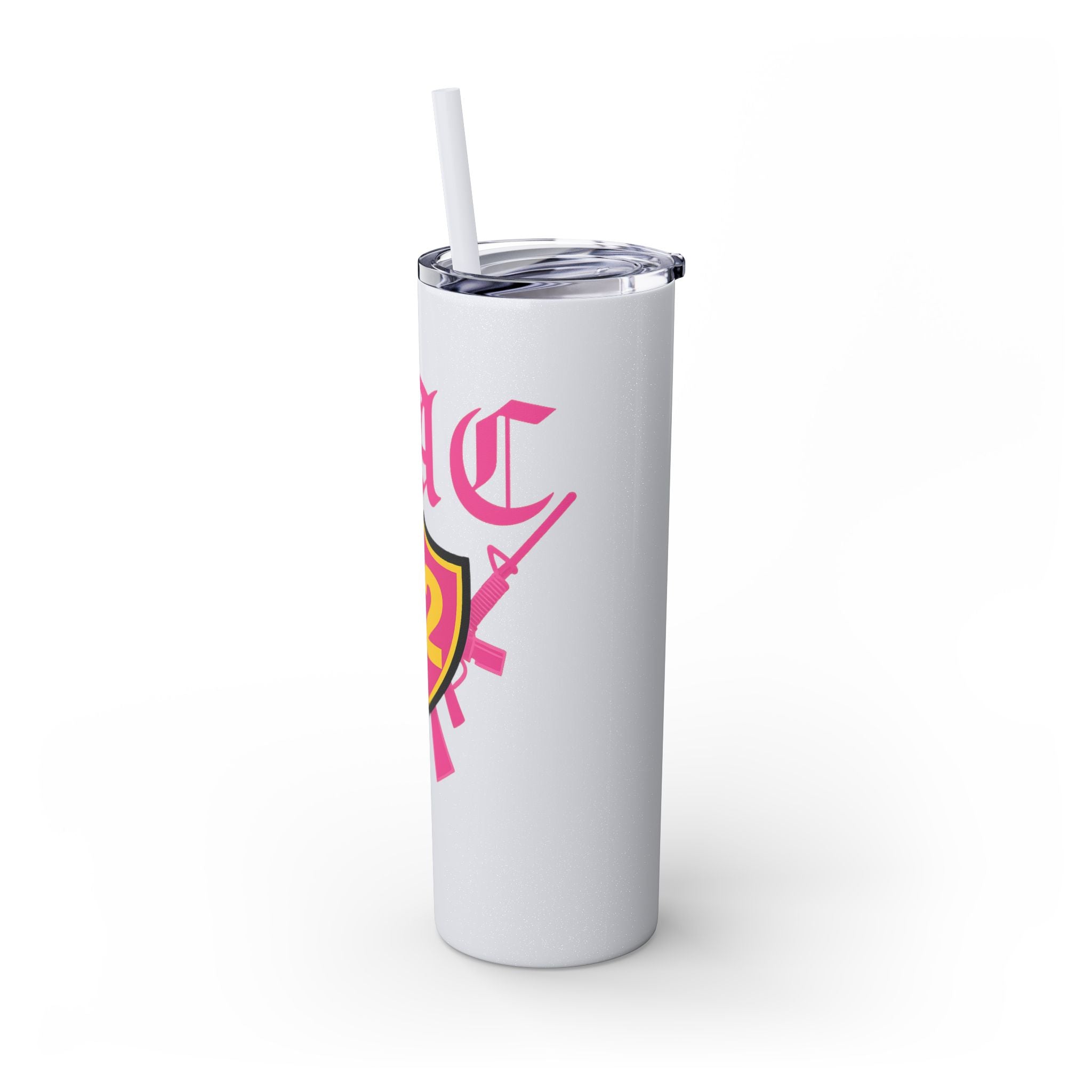 Custom Pink Shield Skinny Tumbler with Straw 20oz, Personalized Drinkware, Graduation Gift, College Student Mug, Sport Team Travel Cup