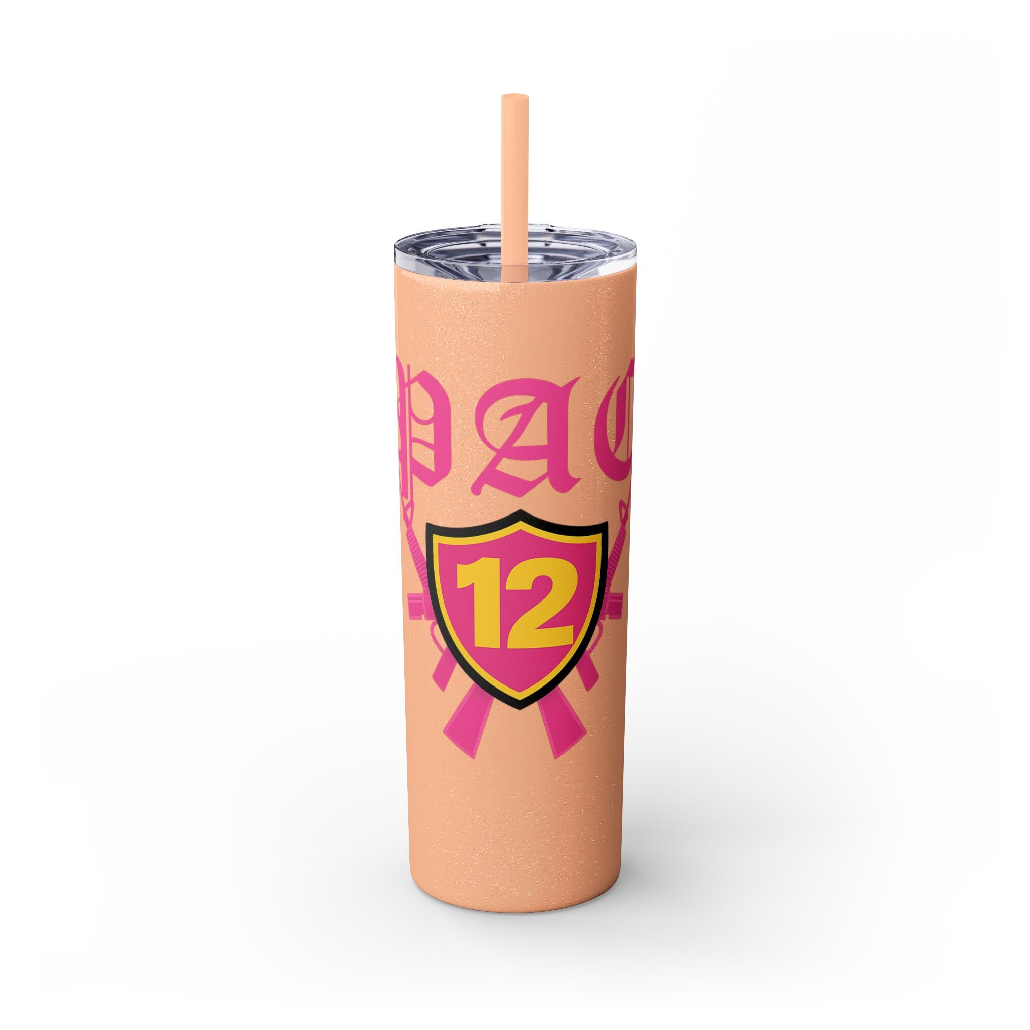 Custom Pink Shield Skinny Tumbler with Straw 20oz, Personalized Drinkware, Graduation Gift, College Student Mug, Sport Team Travel Cup