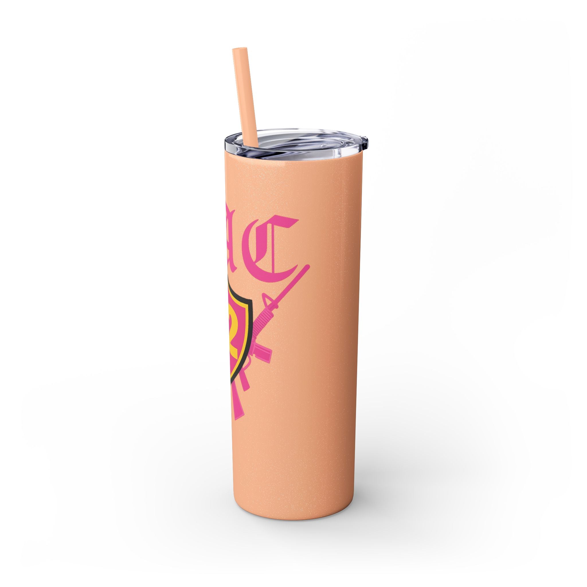 Custom Pink Shield Skinny Tumbler with Straw 20oz, Personalized Drinkware, Graduation Gift, College Student Mug, Sport Team Travel Cup
