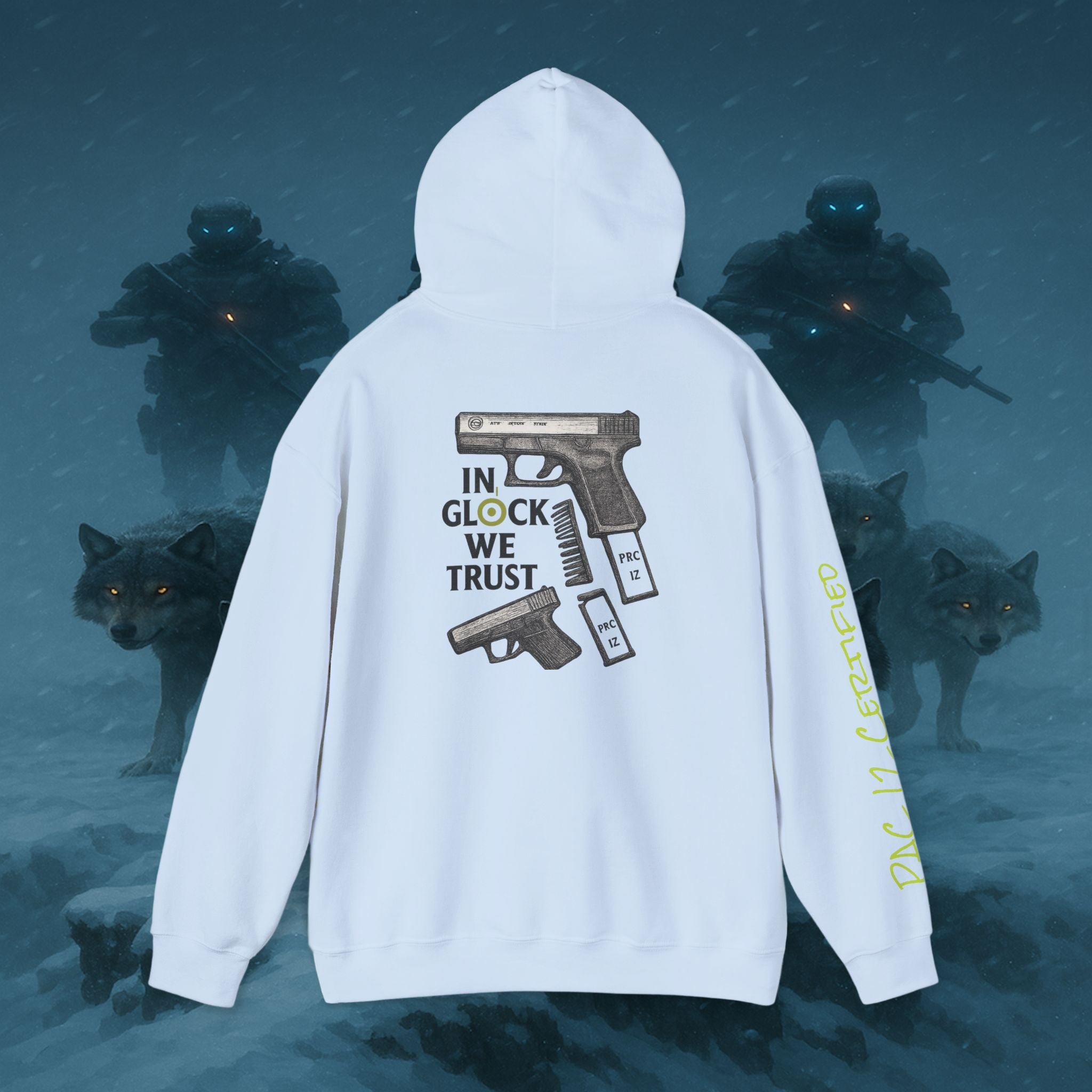 Pac 12 Hooded Sweatshirt with 'In Glock We Trust' Design