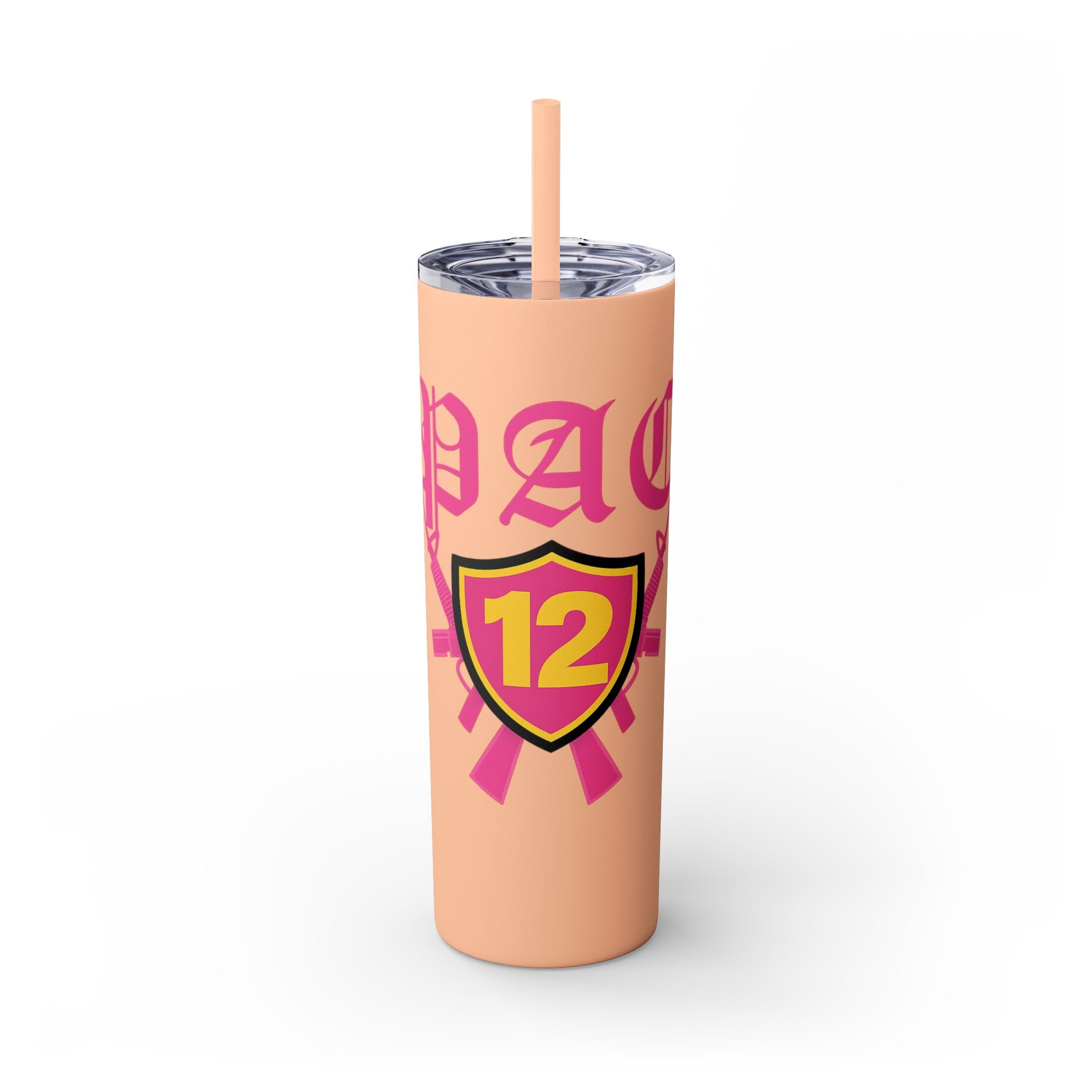 Custom Pink Shield Skinny Tumbler with Straw 20oz, Personalized Drinkware, Graduation Gift, College Student Mug, Sport Team Travel Cup