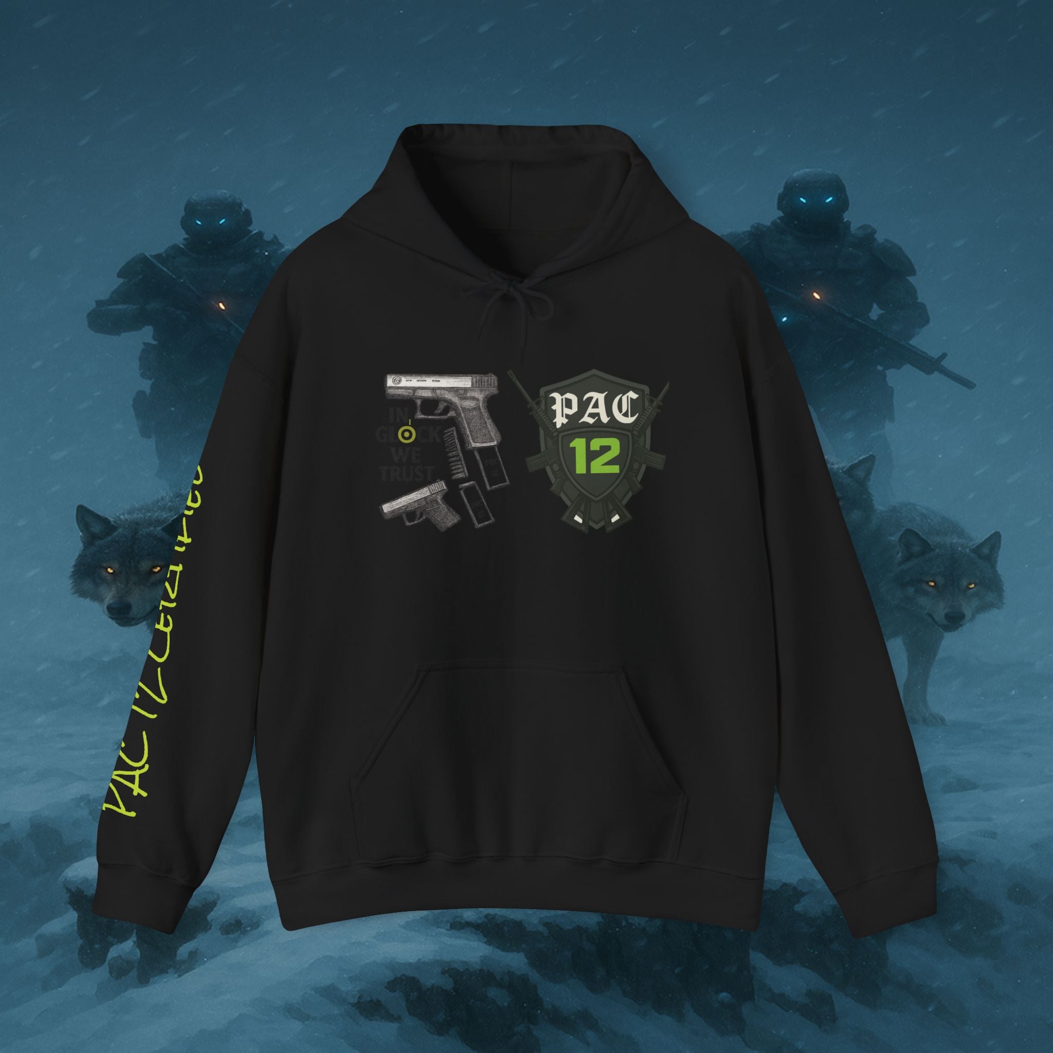 Pac 12 Hooded Sweatshirt with 'In Glock We Trust' Design