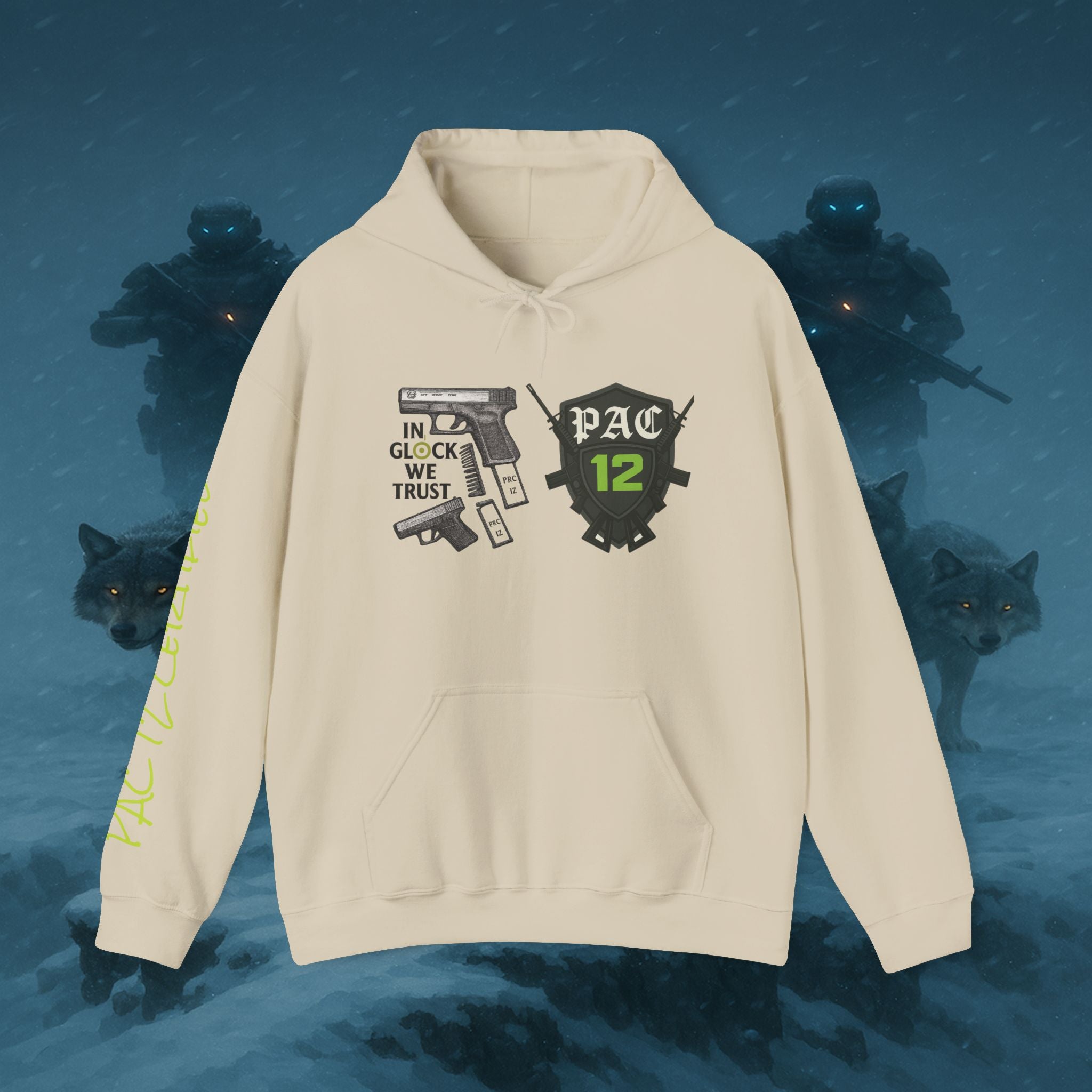 Pac 12 Hooded Sweatshirt with 'In Glock We Trust' Design