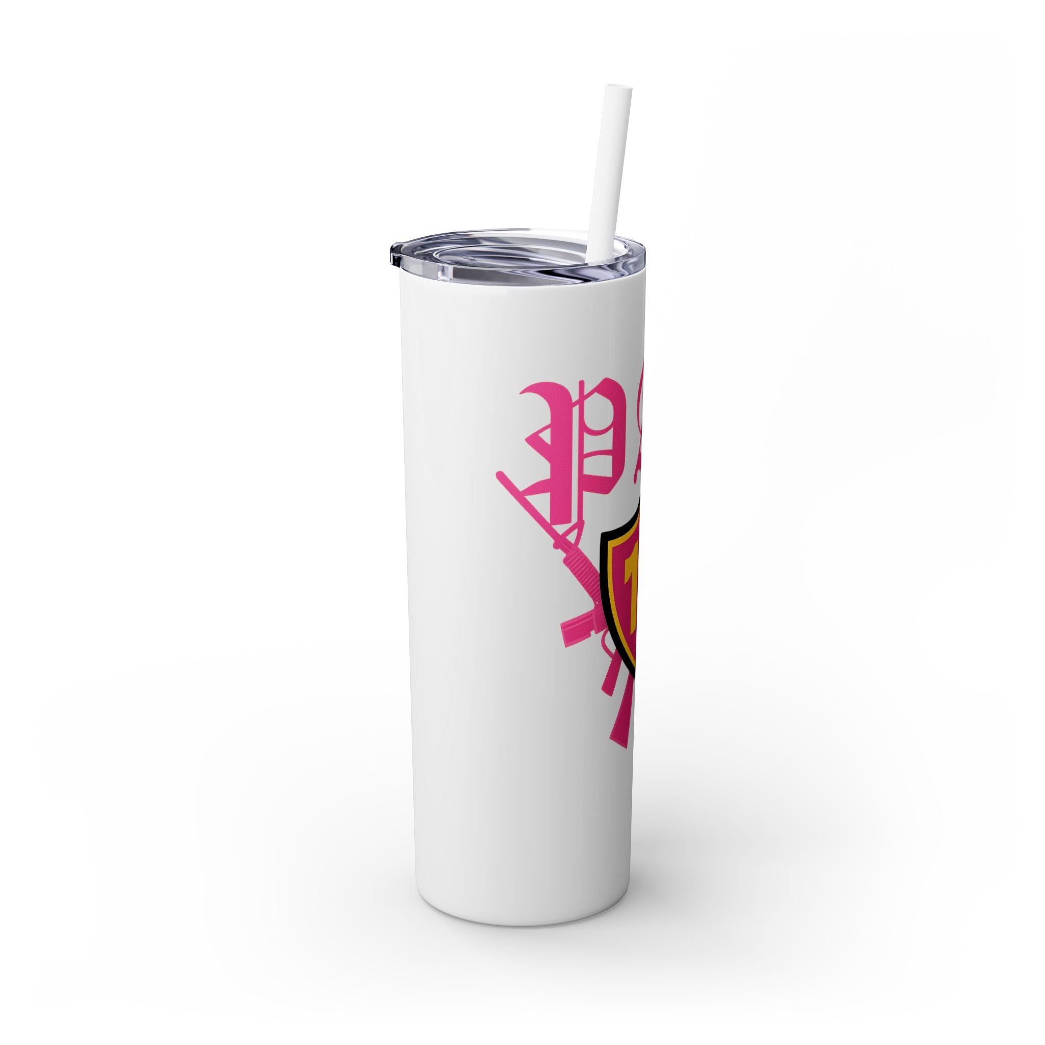 Custom Pink Shield Skinny Tumbler with Straw 20oz, Personalized Drinkware, Graduation Gift, College Student Mug, Sport Team Travel Cup
