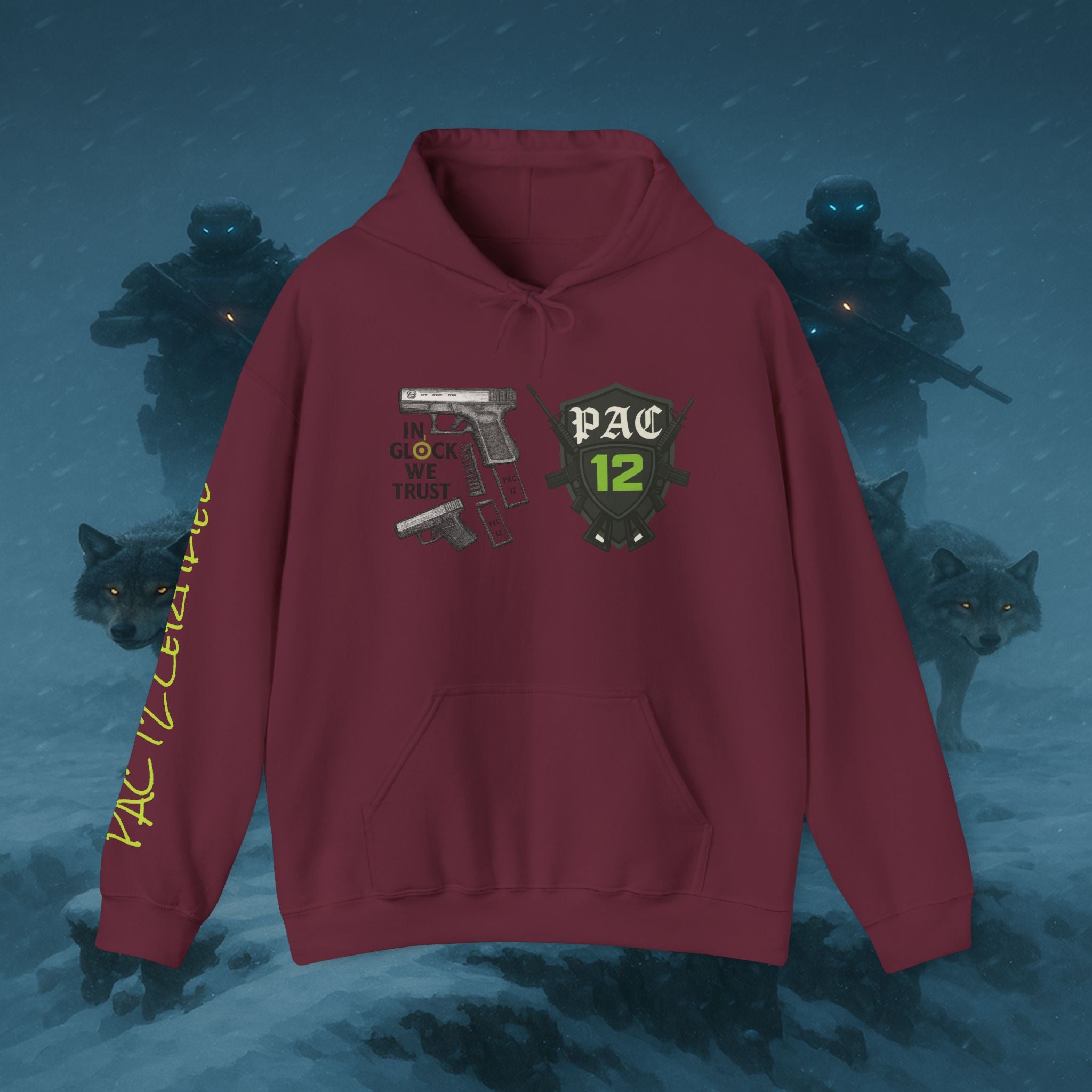 Pac 12 Hooded Sweatshirt with 'In Glock We Trust' Design