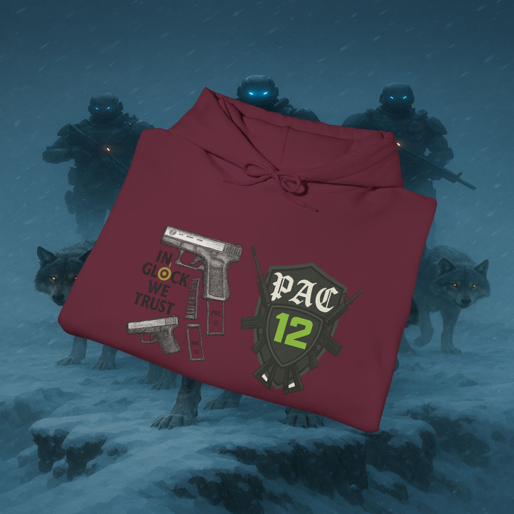Pac 12 Hooded Sweatshirt with 'In Glock We Trust' Design