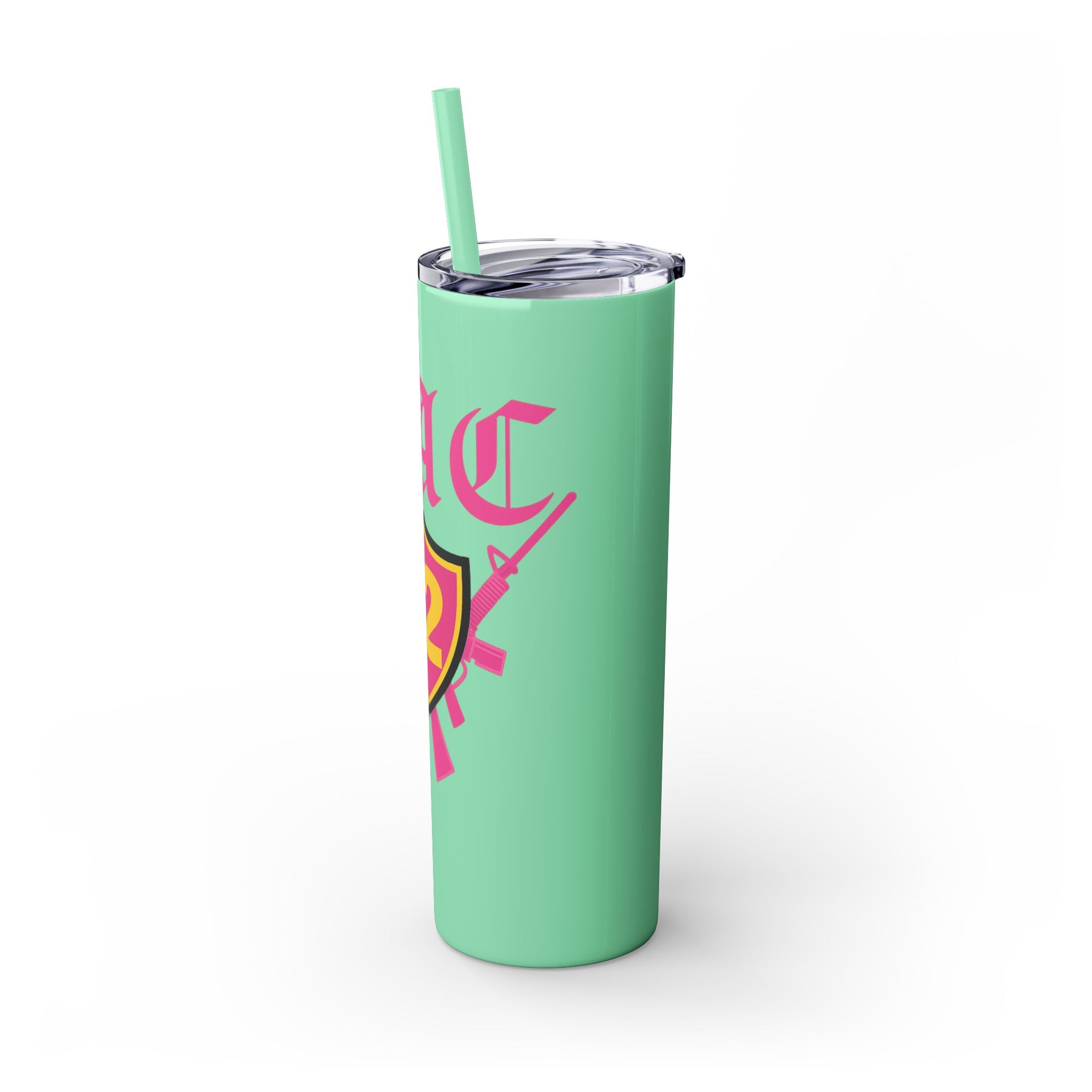 Custom Pink Shield Skinny Tumbler with Straw 20oz, Personalized Drinkware, Graduation Gift, College Student Mug, Sport Team Travel Cup