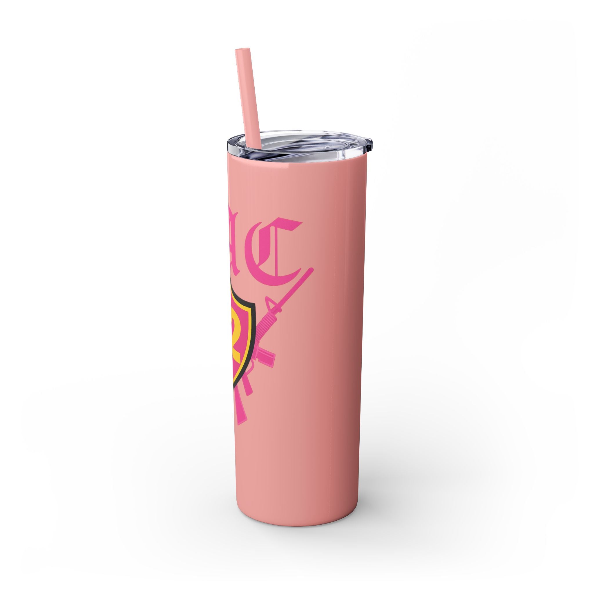 Custom Pink Shield Skinny Tumbler with Straw 20oz, Personalized Drinkware, Graduation Gift, College Student Mug, Sport Team Travel Cup