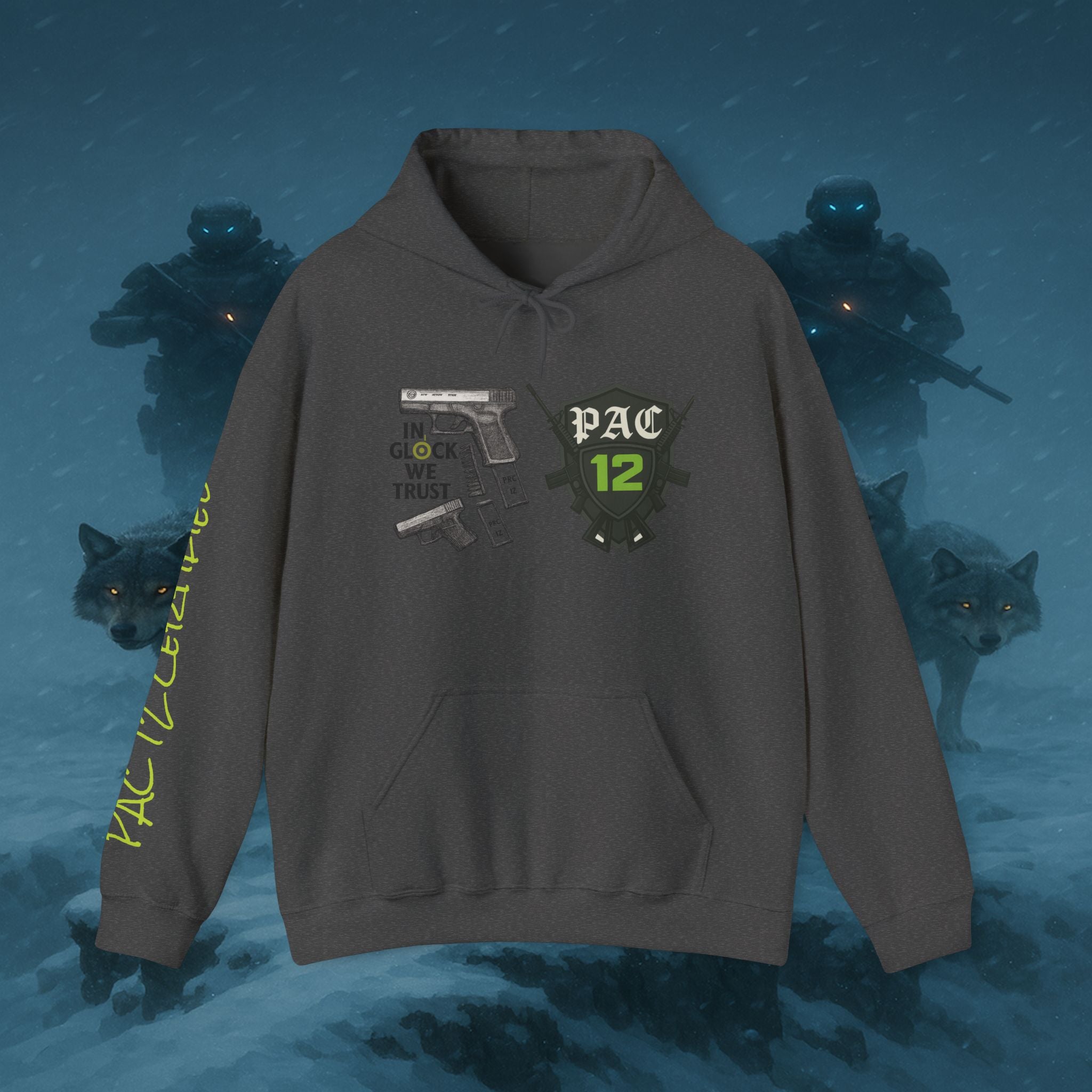 Pac 12 Hooded Sweatshirt with 'In Glock We Trust' Design
