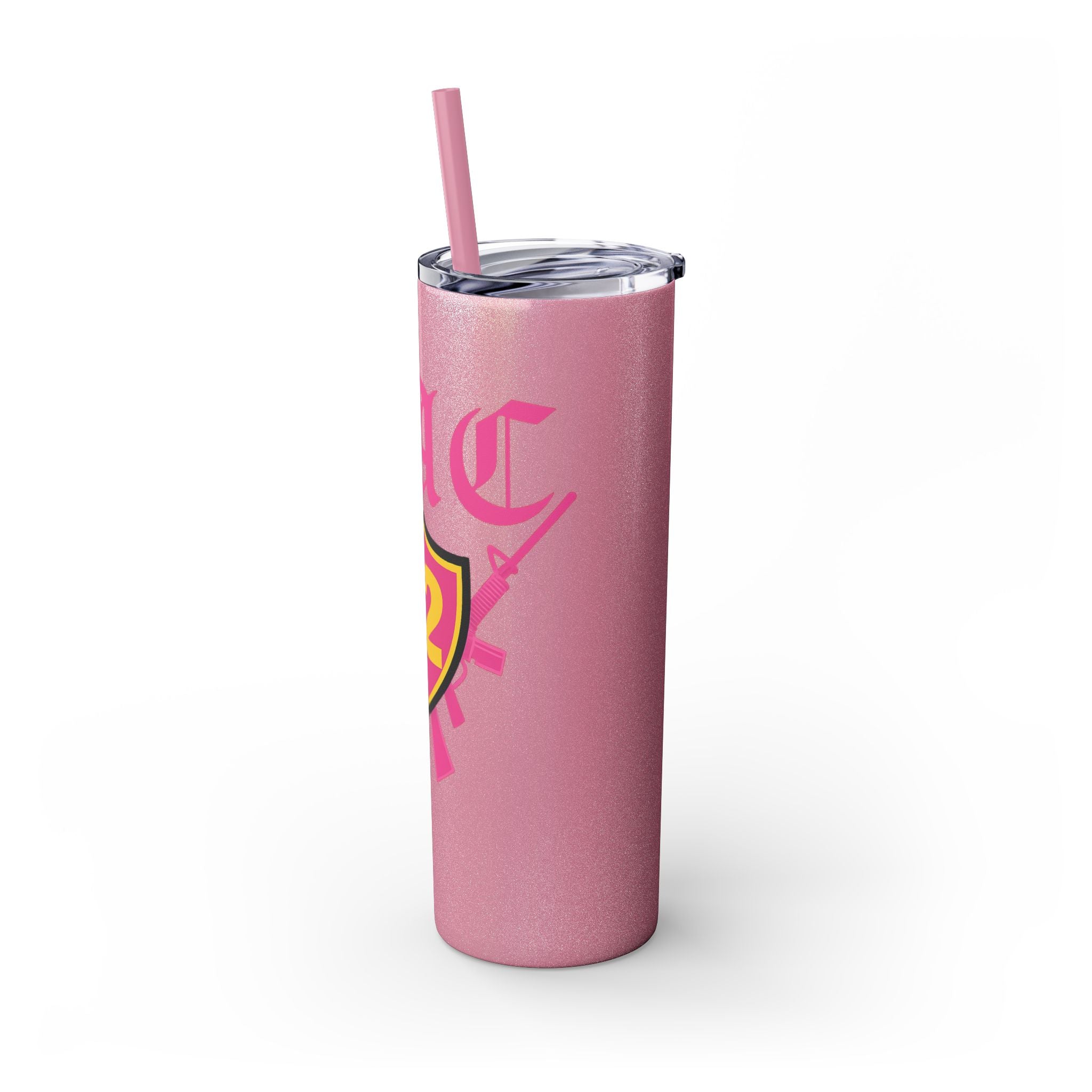 Custom Pink Shield Skinny Tumbler with Straw 20oz, Personalized Drinkware, Graduation Gift, College Student Mug, Sport Team Travel Cup