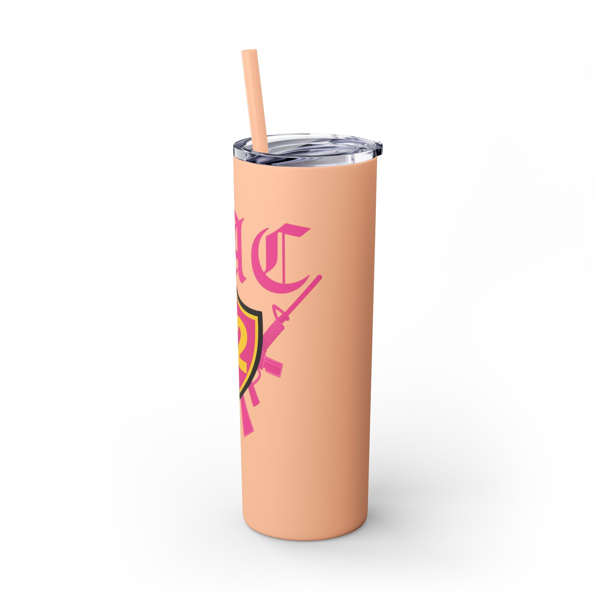 Custom Pink Shield Skinny Tumbler with Straw 20oz, Personalized Drinkware, Graduation Gift, College Student Mug, Sport Team Travel Cup