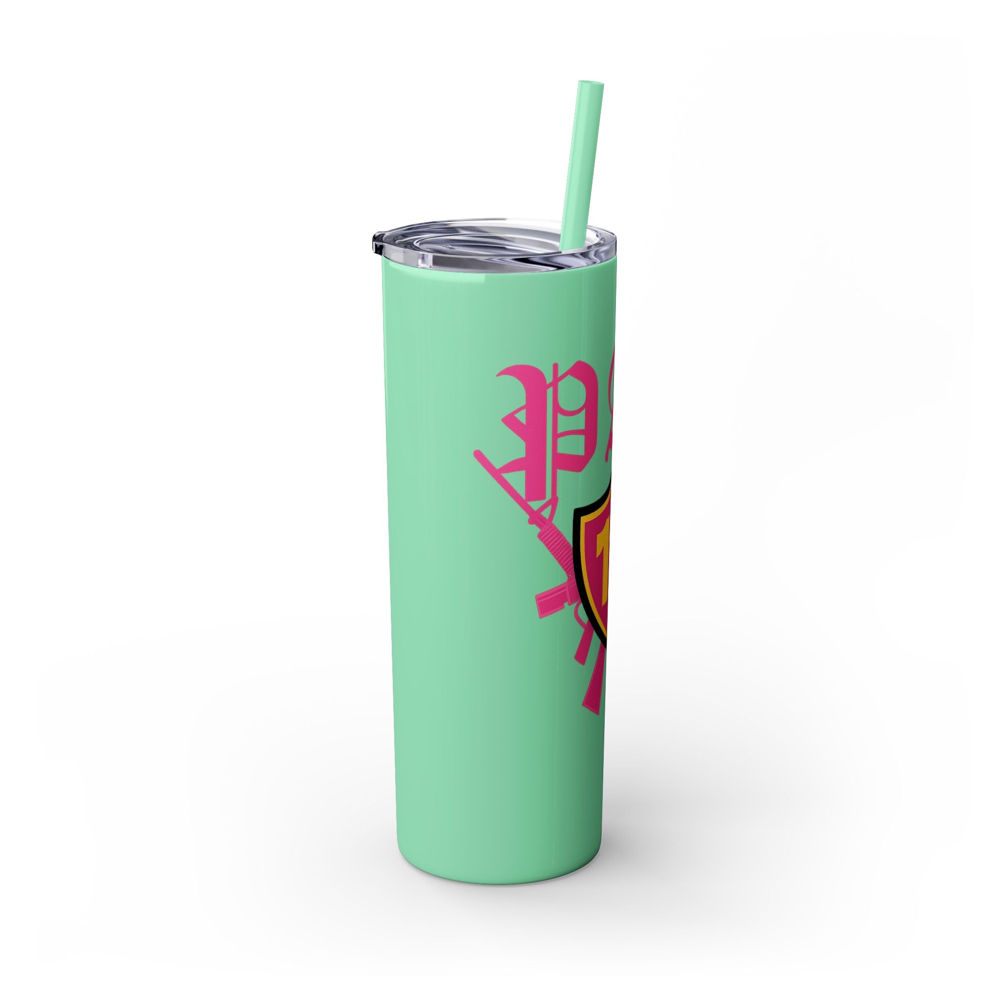 Custom Pink Shield Skinny Tumbler with Straw 20oz, Personalized Drinkware, Graduation Gift, College Student Mug, Sport Team Travel Cup