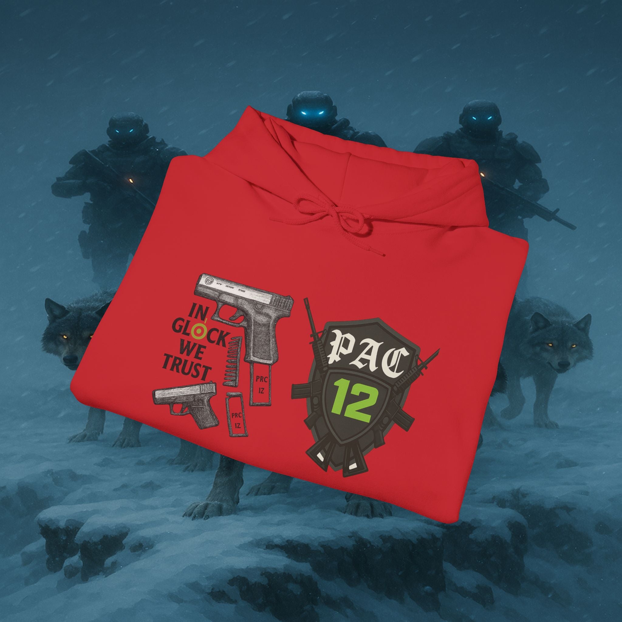Pac 12 Hooded Sweatshirt with 'In Glock We Trust' Design