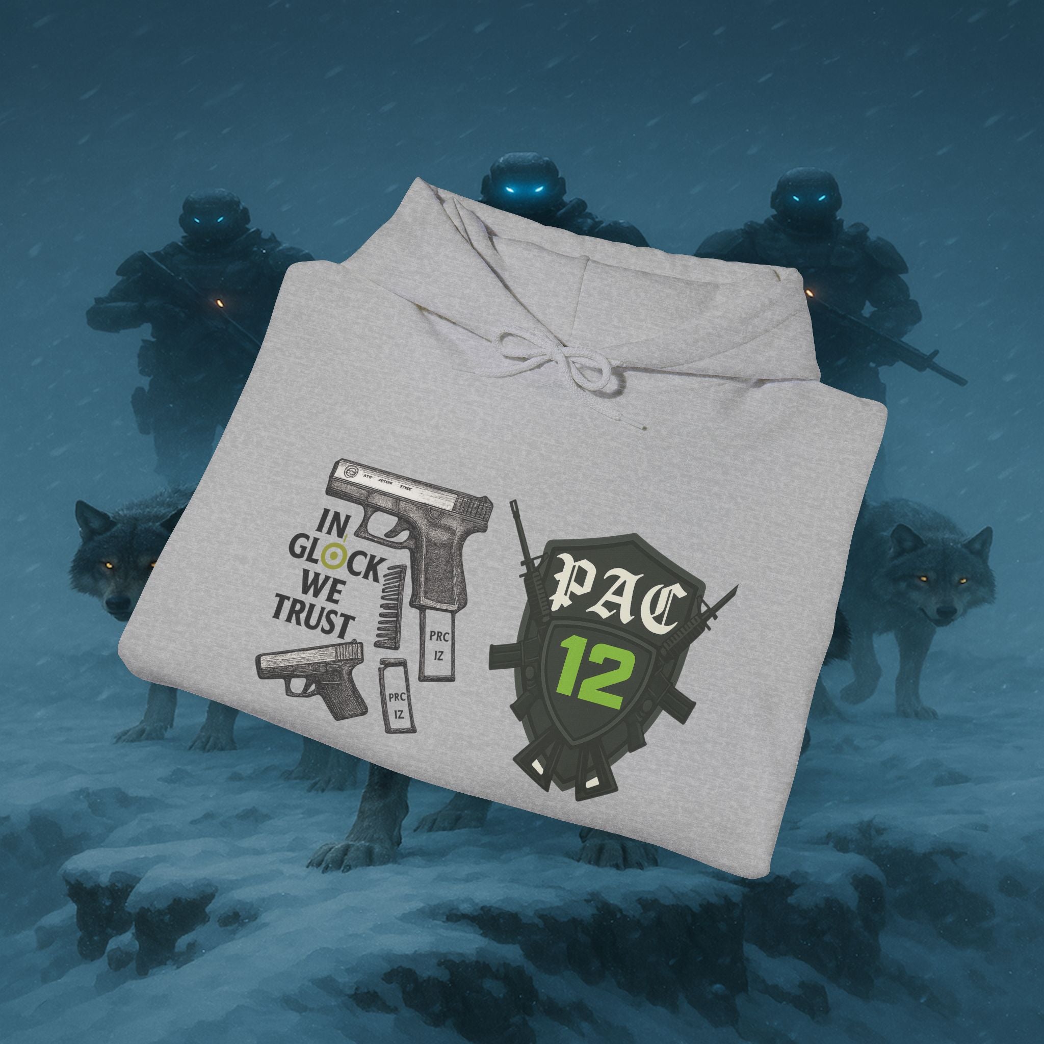 Pac 12 Hooded Sweatshirt with 'In Glock We Trust' Design
