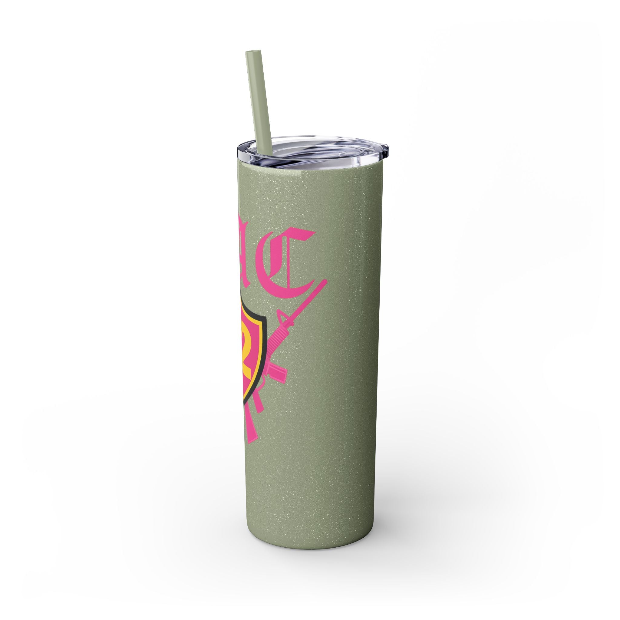 Custom Pink Shield Skinny Tumbler with Straw 20oz, Personalized Drinkware, Graduation Gift, College Student Mug, Sport Team Travel Cup