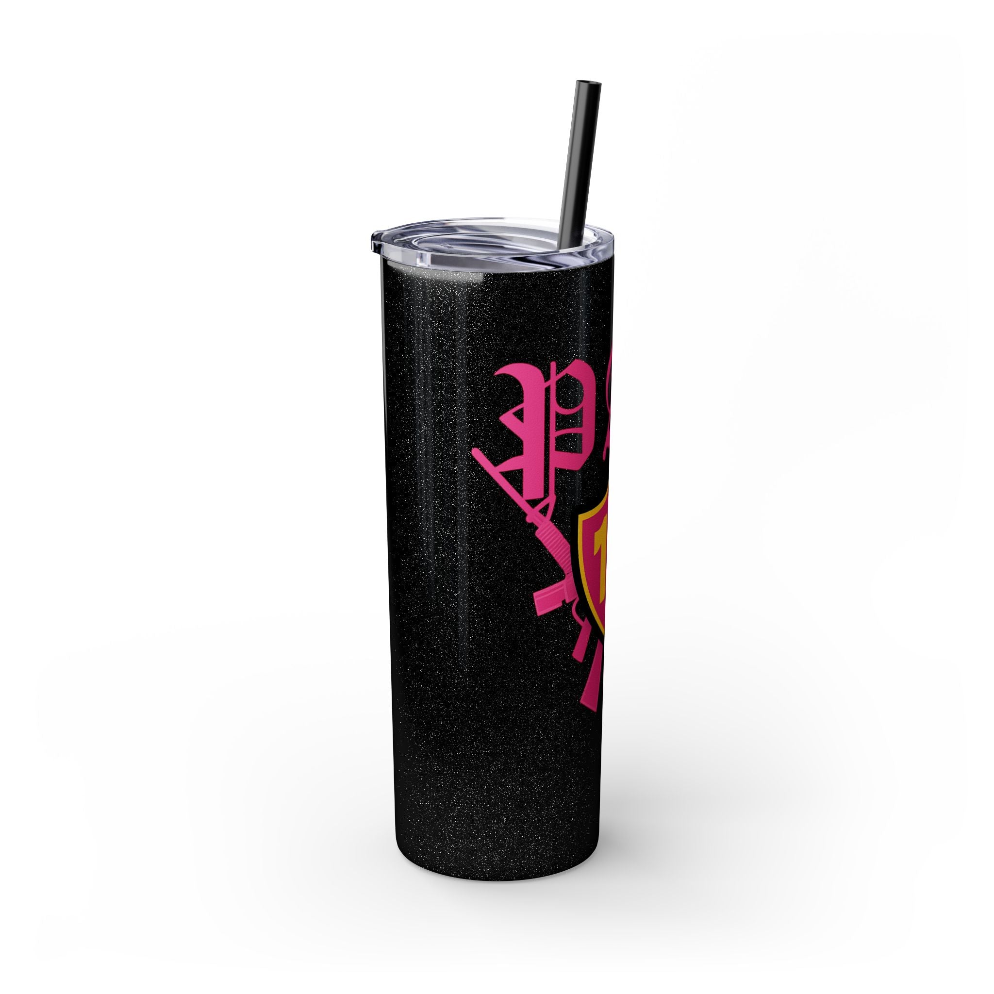 Custom Pink Shield Skinny Tumbler with Straw 20oz, Personalized Drinkware, Graduation Gift, College Student Mug, Sport Team Travel Cup