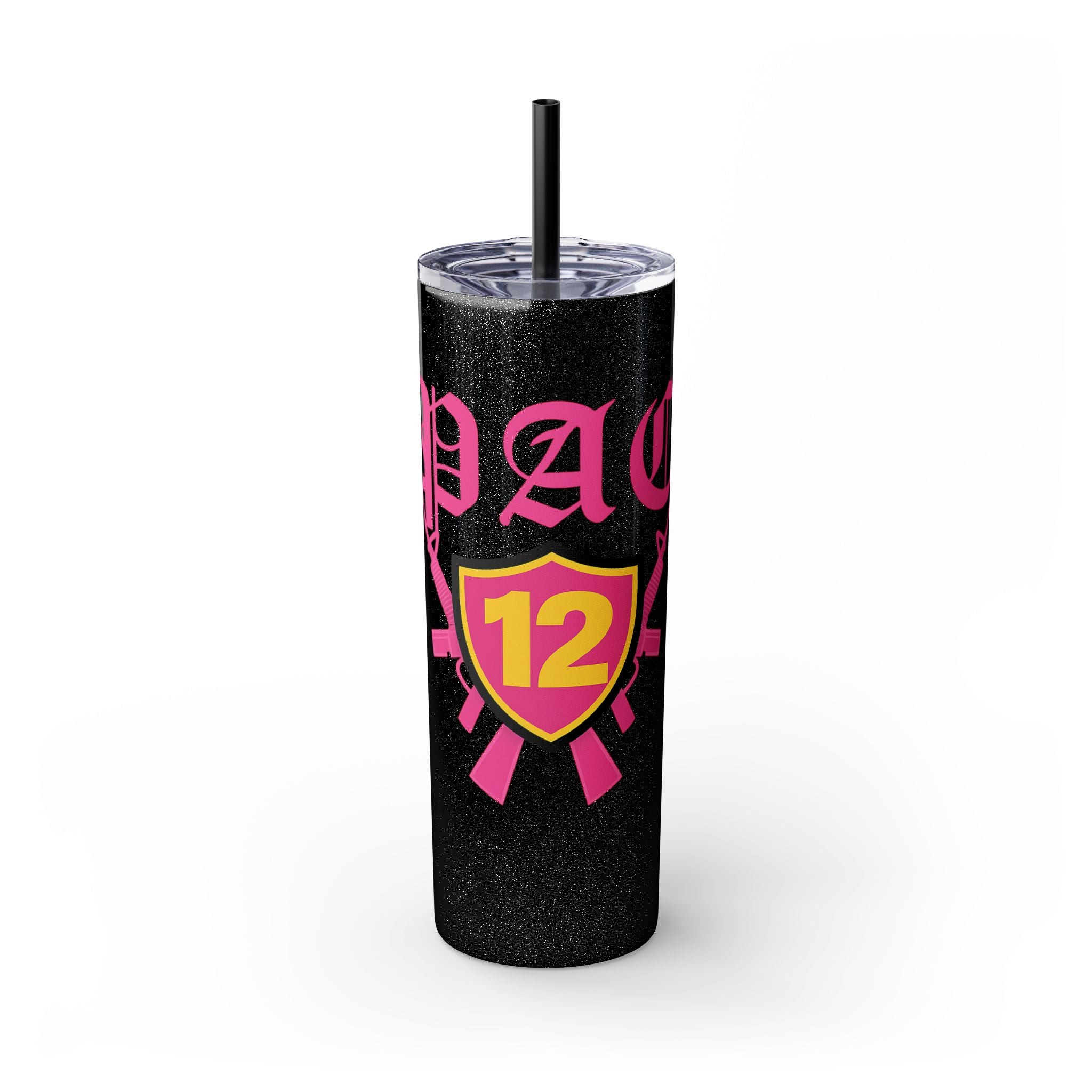Custom Pink Shield Skinny Tumbler with Straw 20oz, Personalized Drinkware, Graduation Gift, College Student Mug, Sport Team Travel Cup