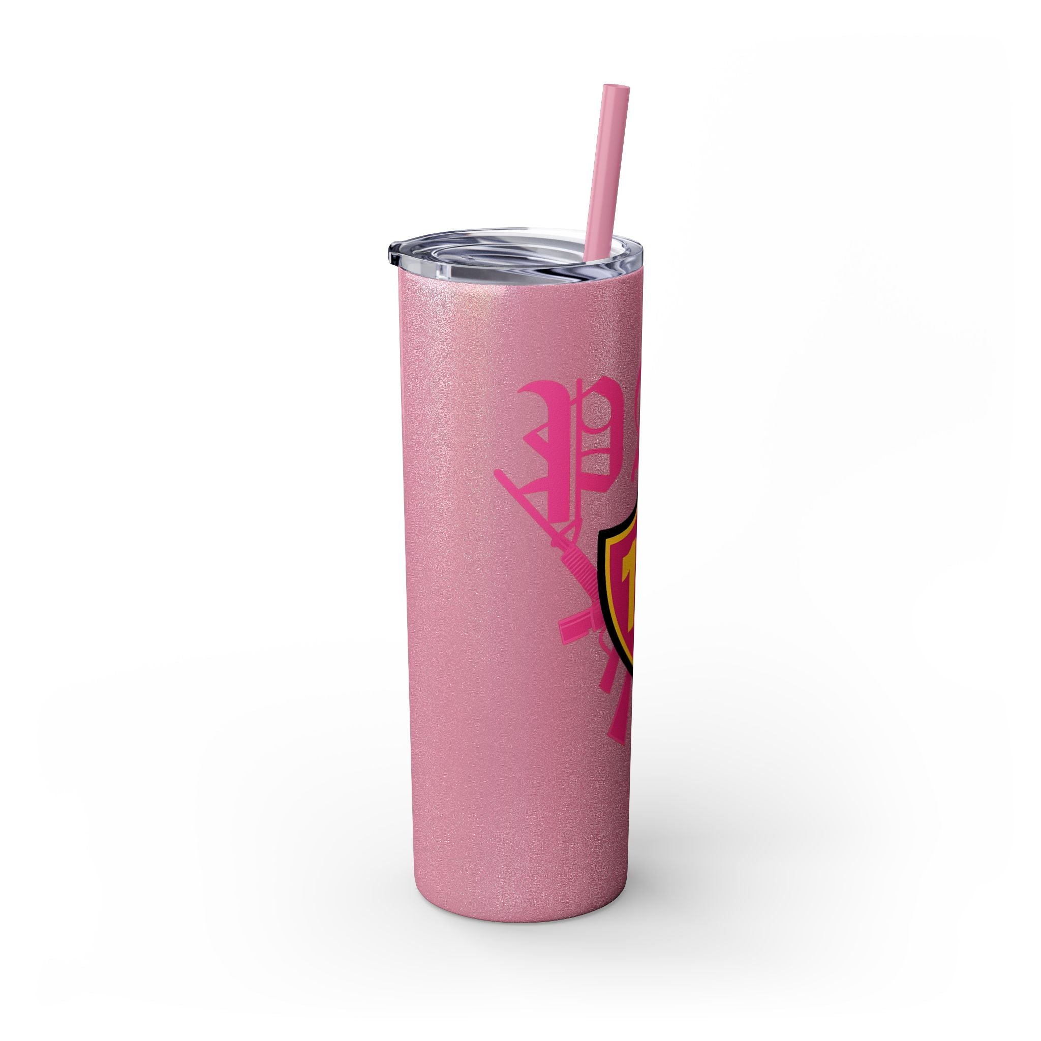Custom Pink Shield Skinny Tumbler with Straw 20oz, Personalized Drinkware, Graduation Gift, College Student Mug, Sport Team Travel Cup